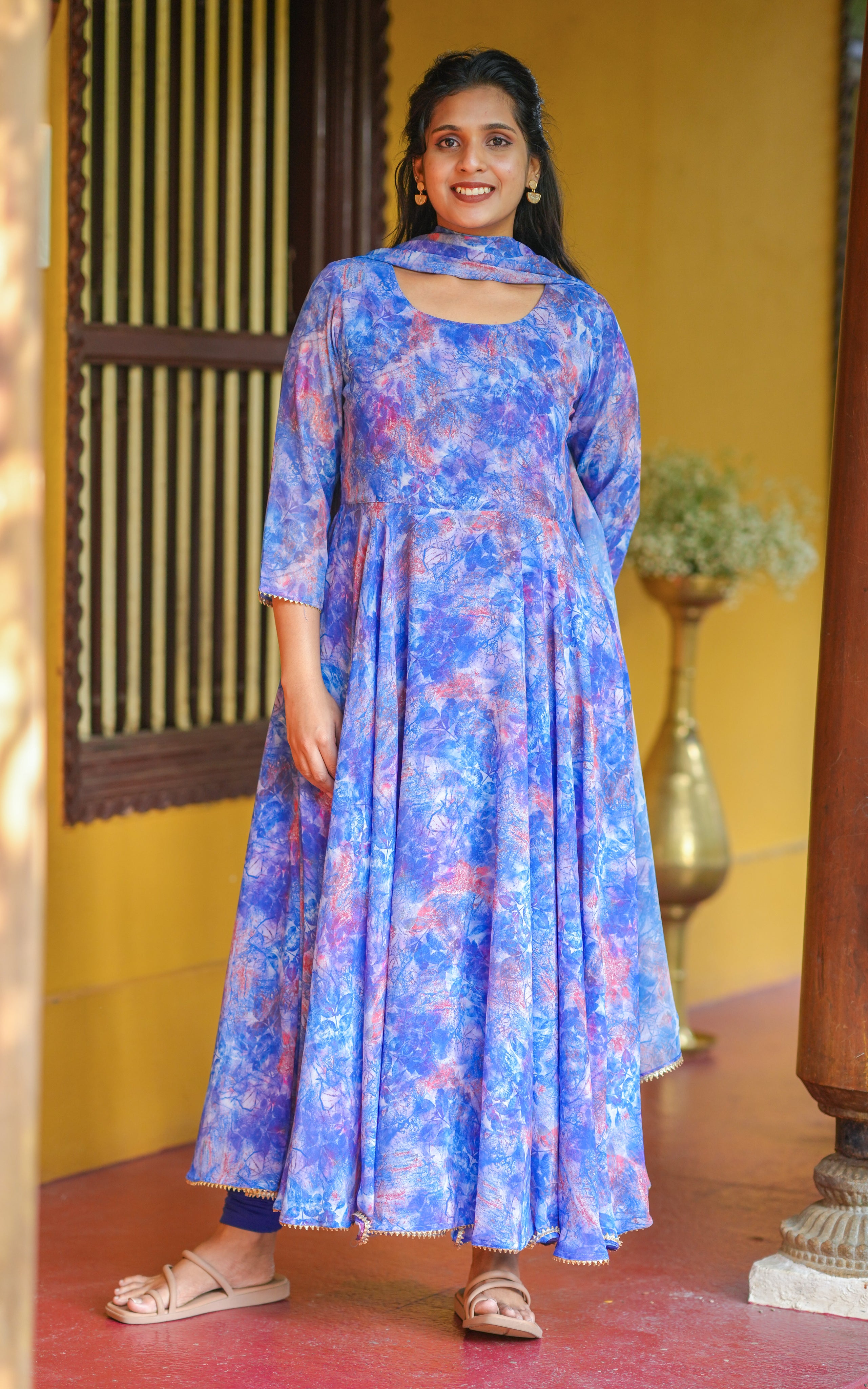 Instore - Blue Color Georgette Full Flared Anarkali with Dupatta with Butter Crepe Lining