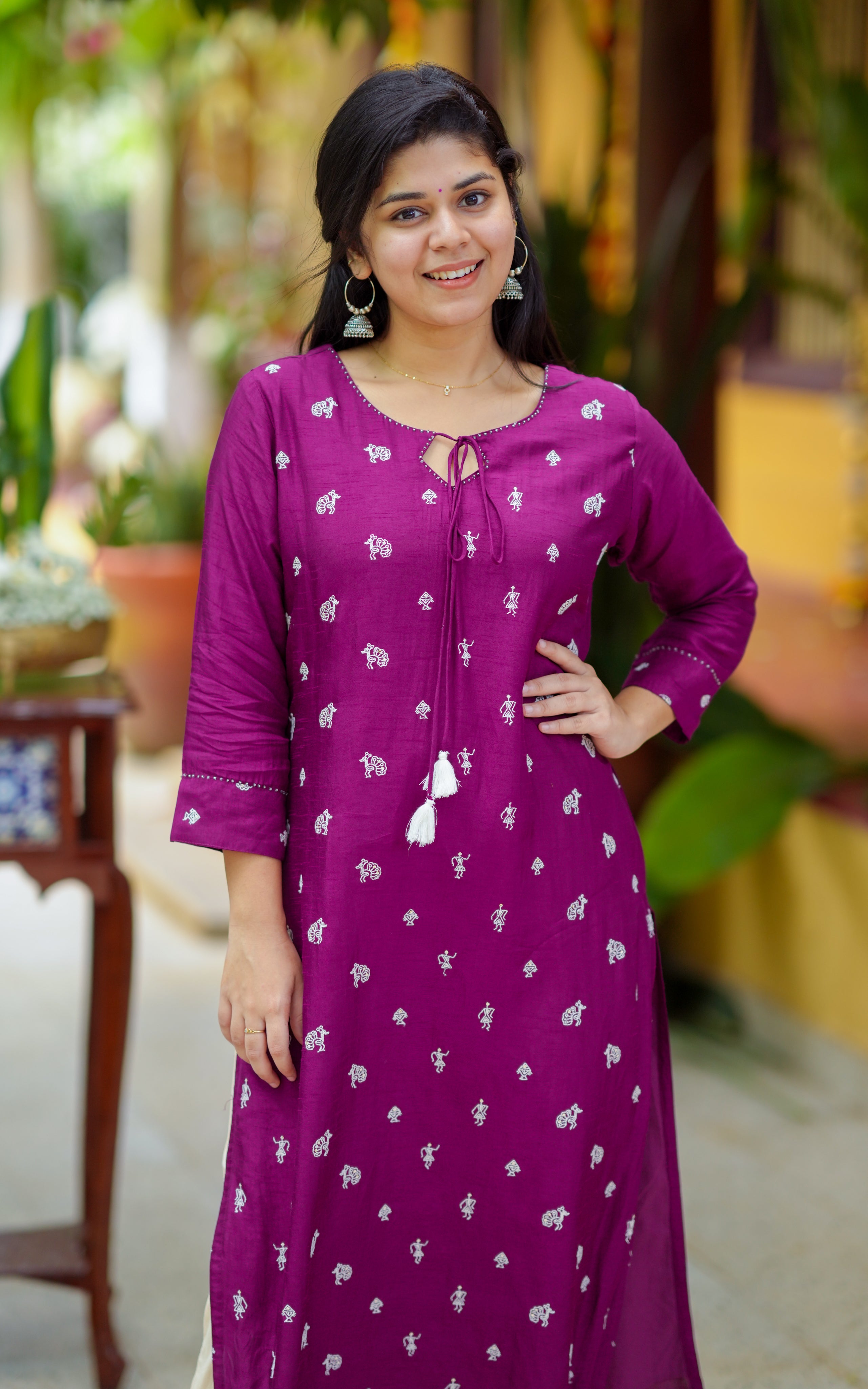 Instore - Plum Color Dola Silk Straight Cut Kurti with Keyhole Tie-Up Neckline with Side Slit & Cotton Lining