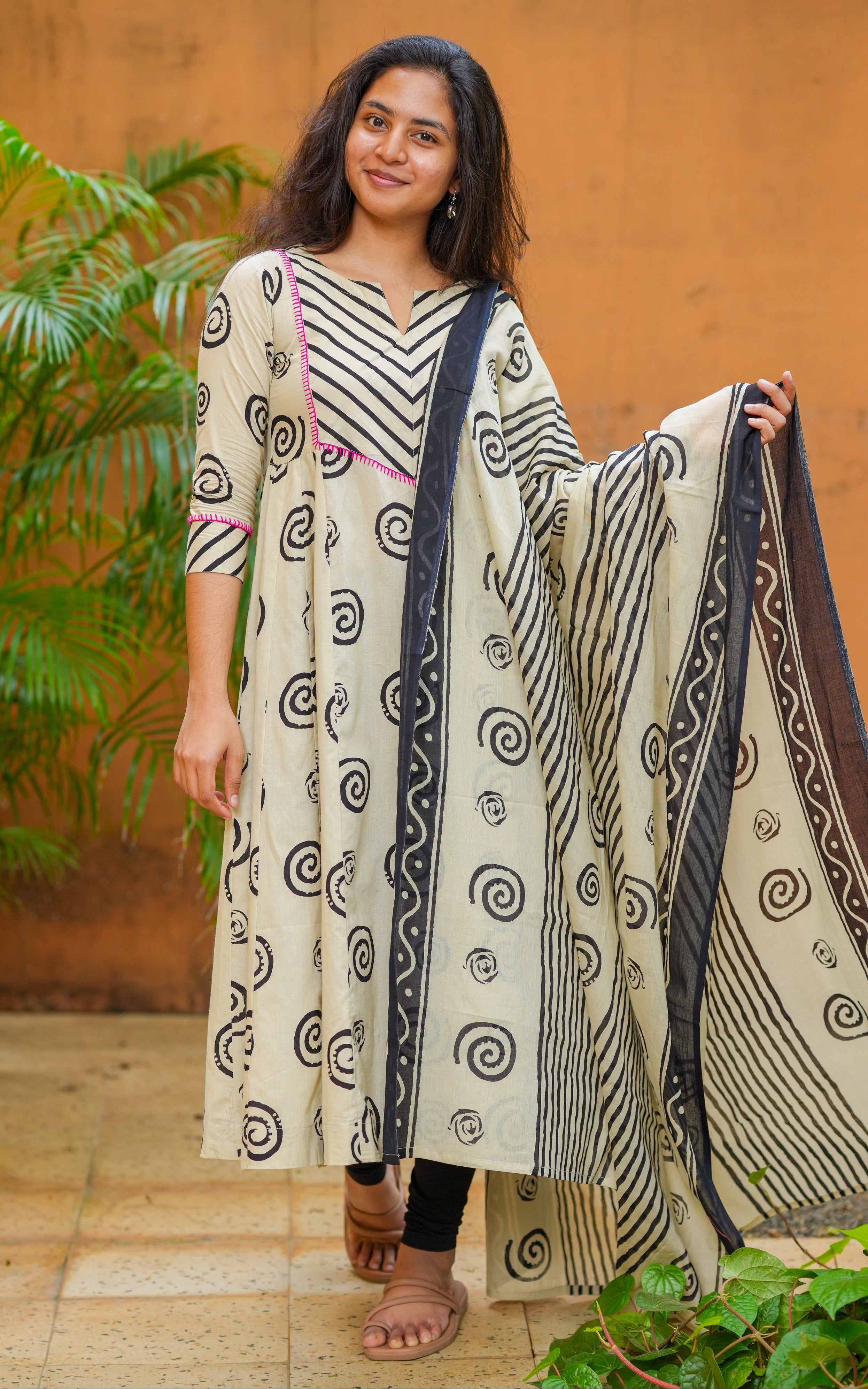 Instore - Beige & Black Color Cotton Anarkali with Chevron Print on the Yoke with Dupatta Featuring Stripes & No Lining