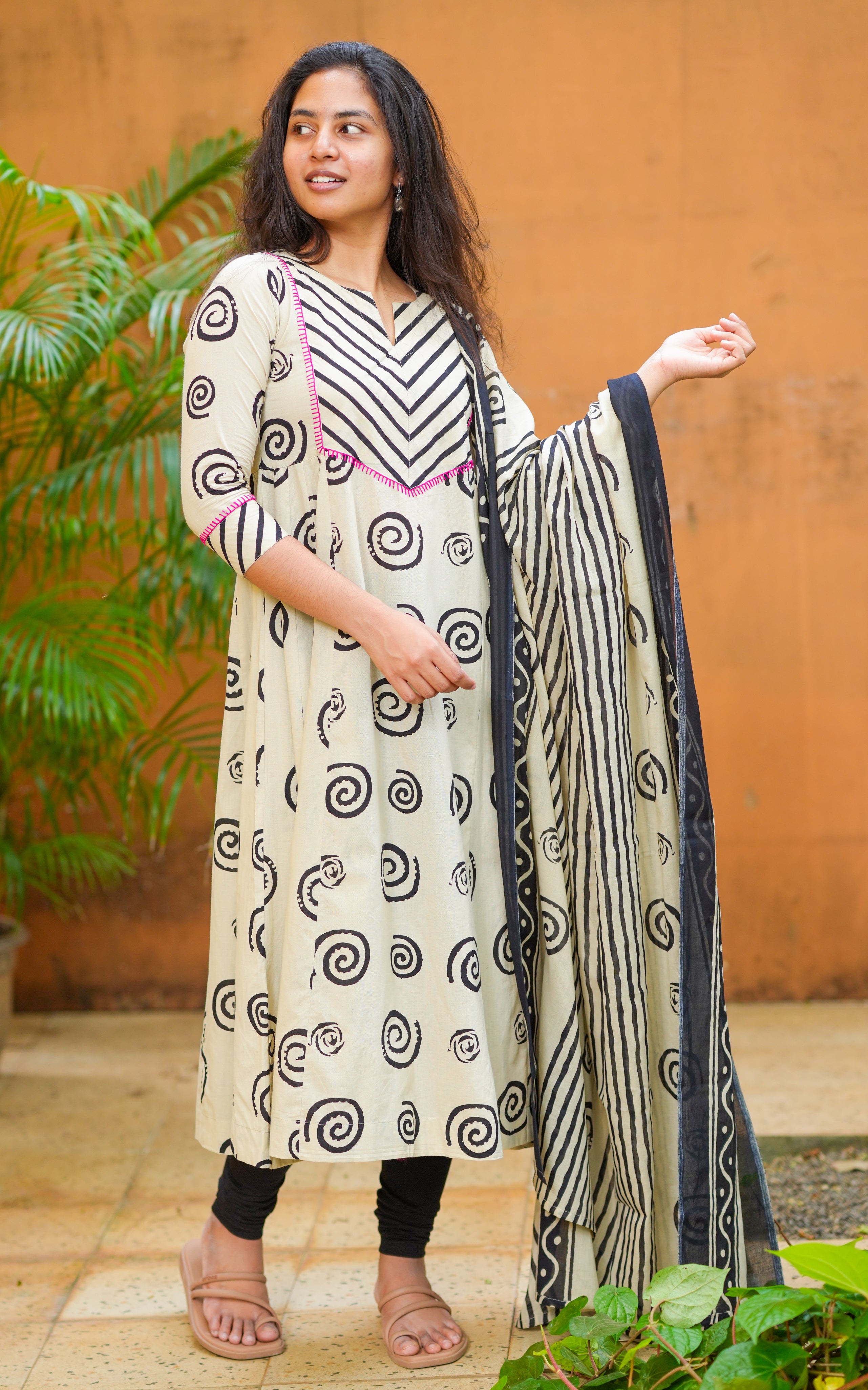 Instore - Beige & Black Color Cotton Anarkali with Chevron Print on the Yoke with Dupatta Featuring Stripes & No Lining