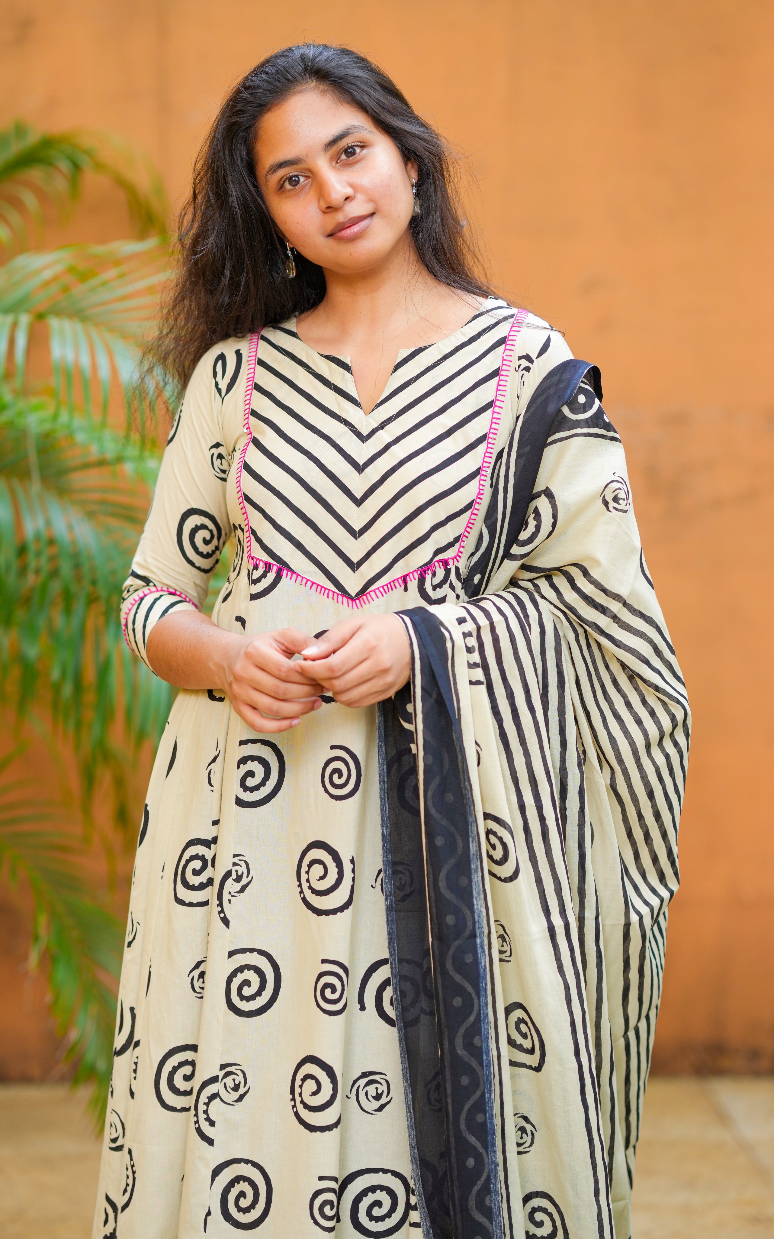 Instore - Beige & Black Color Cotton Anarkali with Chevron Print on the Yoke with Dupatta Featuring Stripes & No Lining