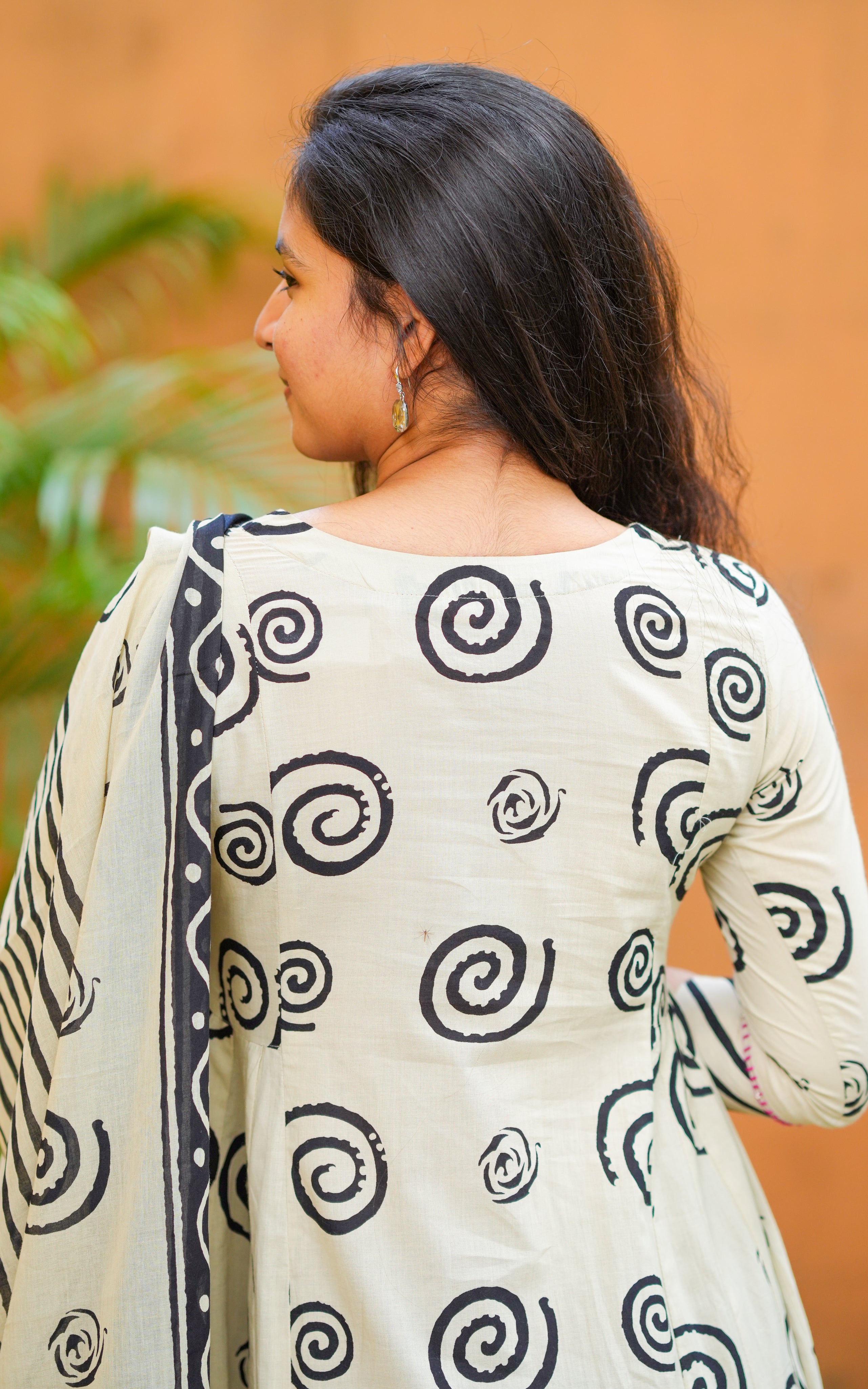 Instore - Beige & Black Color Cotton Anarkali with Chevron Print on the Yoke with Dupatta Featuring Stripes & No Lining