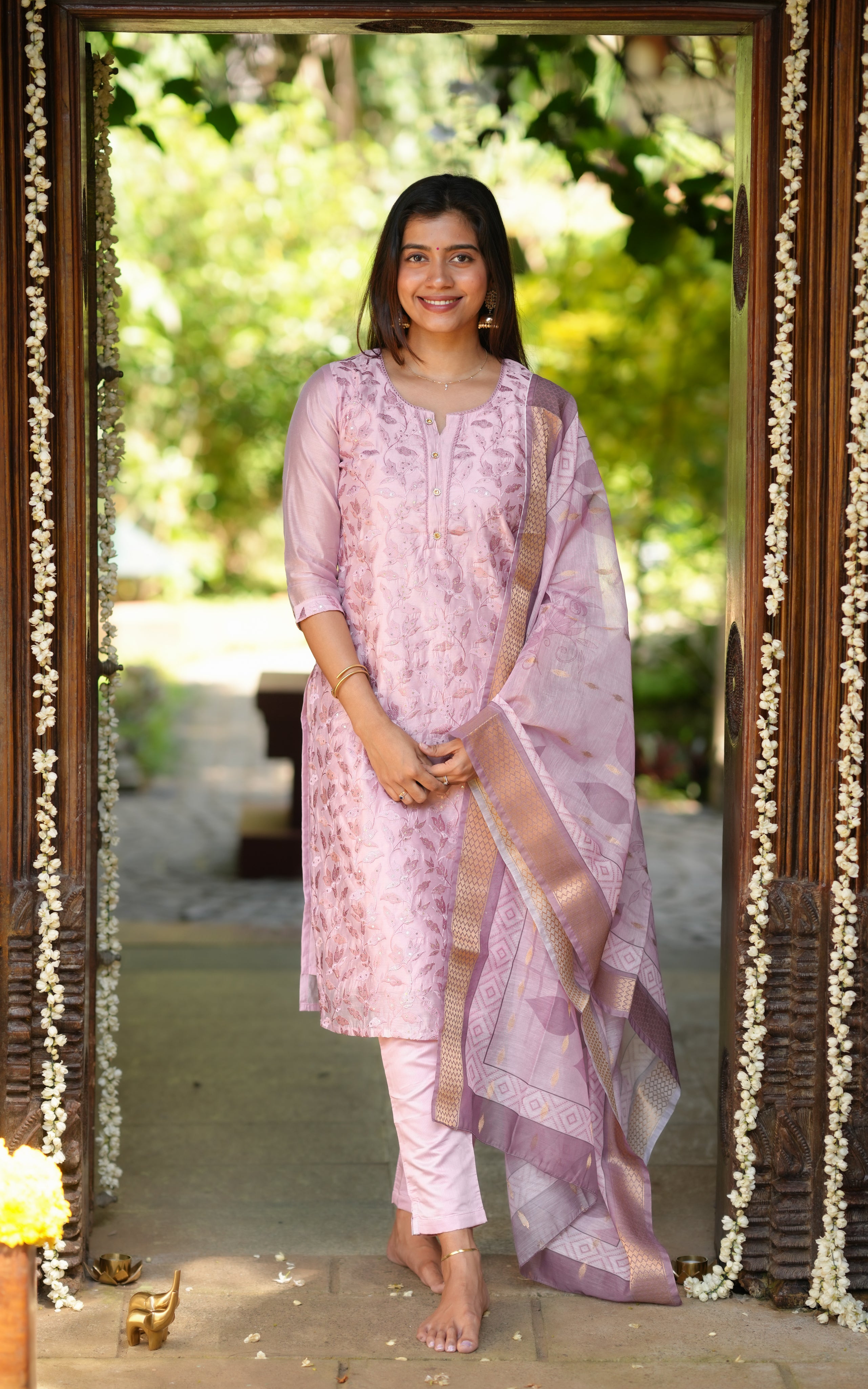 Instore – Onion Pink Rithuska Kurti Pant Dupatta Set for Women – Art Silk – Festive Ethnic Wear