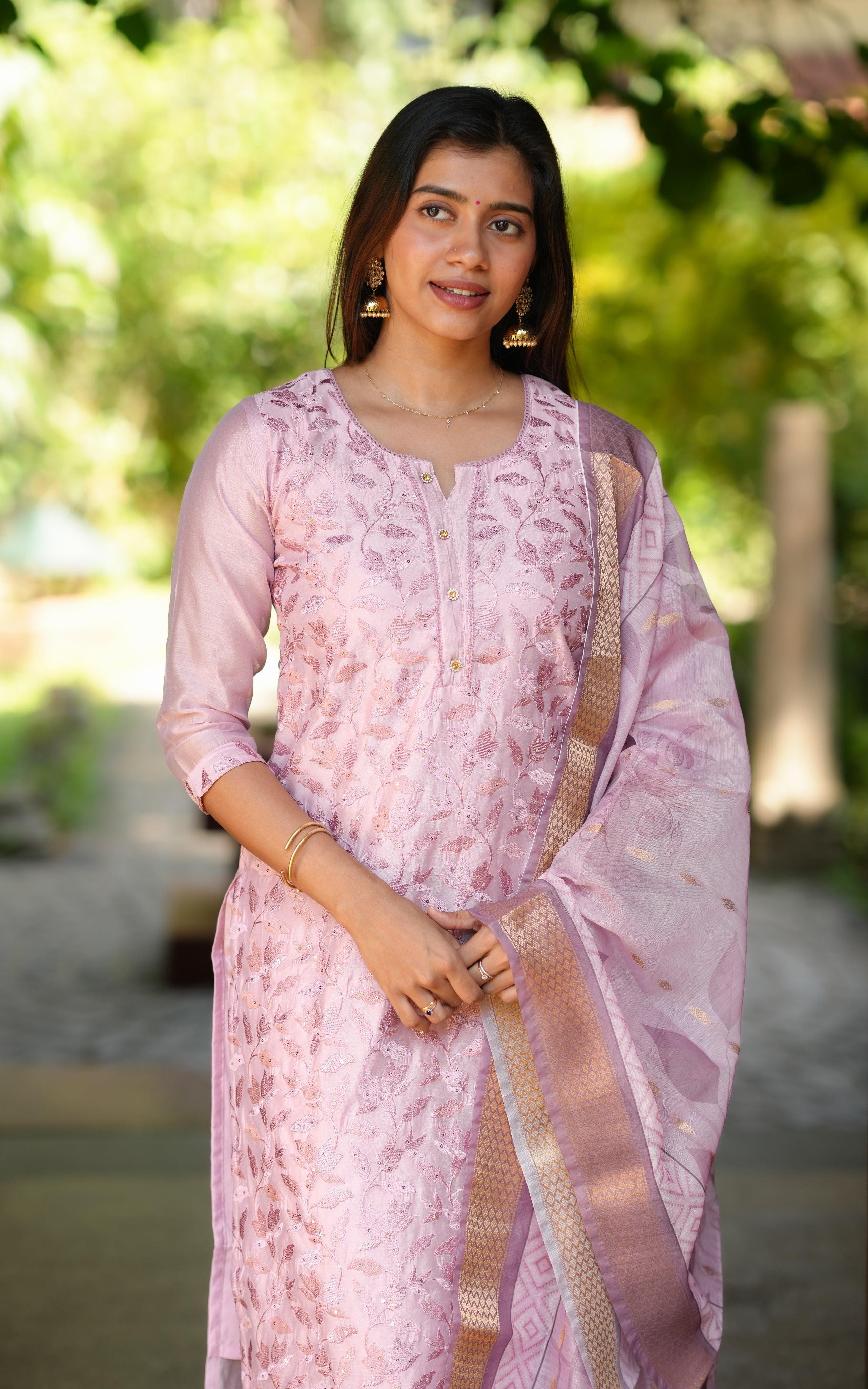 Instore – Onion Pink Rithuska Kurti Pant Dupatta Set for Women – Art Silk – Festive Ethnic Wear