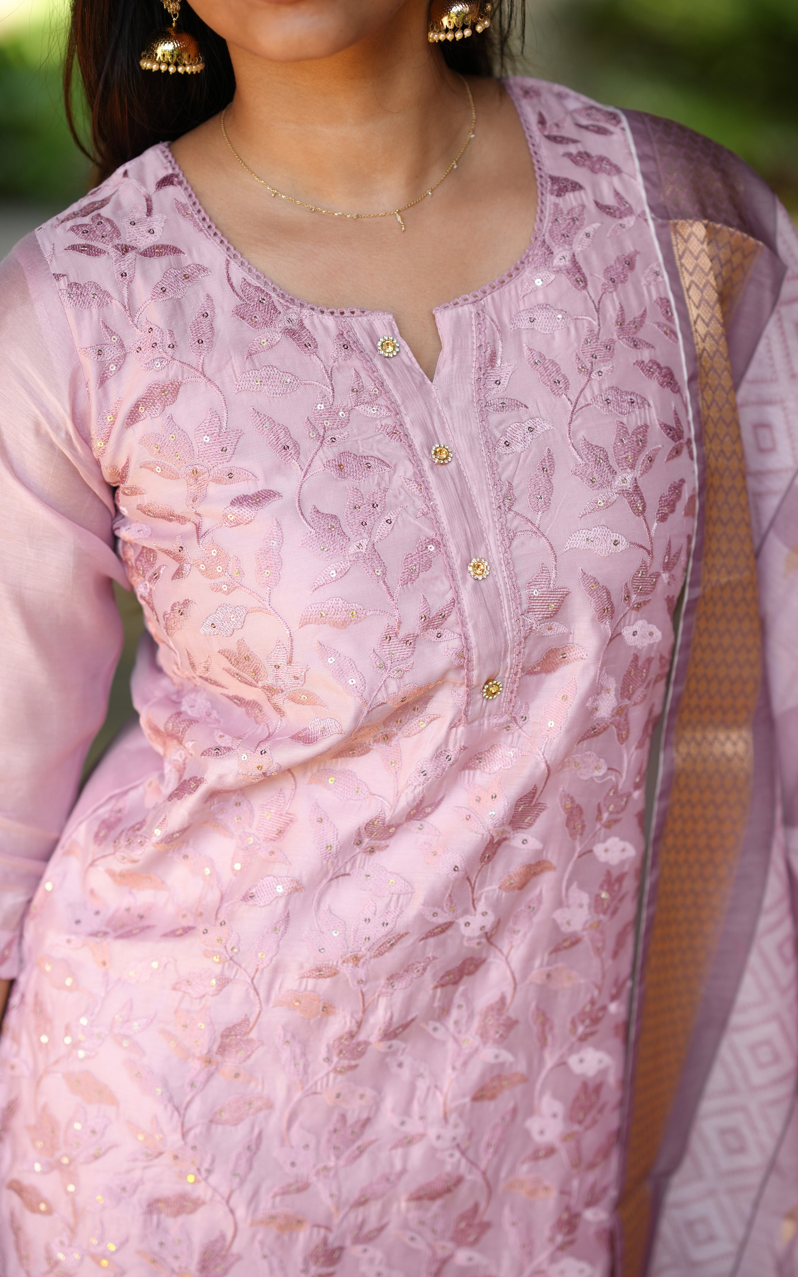 Instore – Onion Pink Rithuska Kurti Pant Dupatta Set for Women – Art Silk – Festive Ethnic Wear