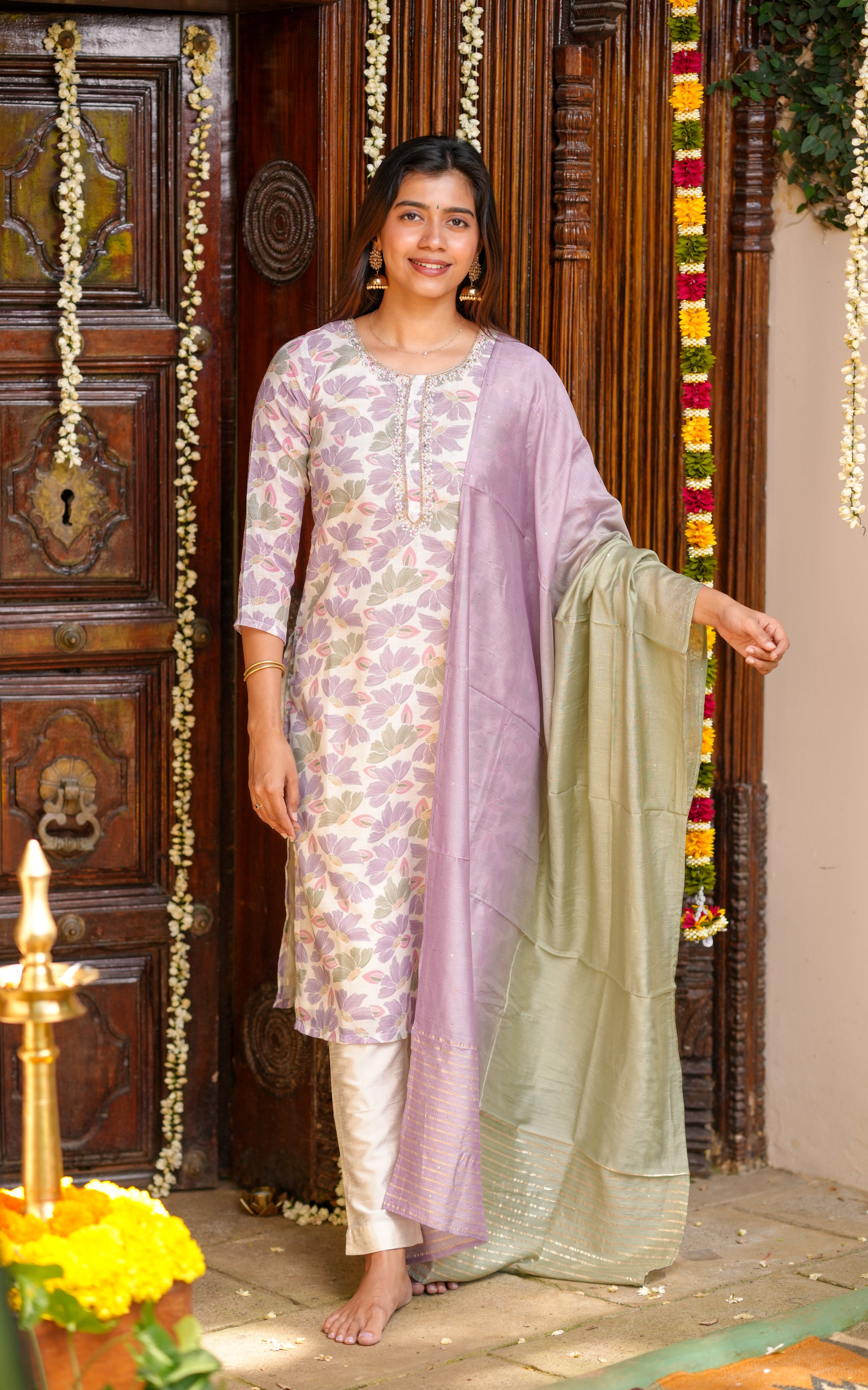  Full ethnic officewear set with crisp kurti, tailored pant, and a smart dupatta.