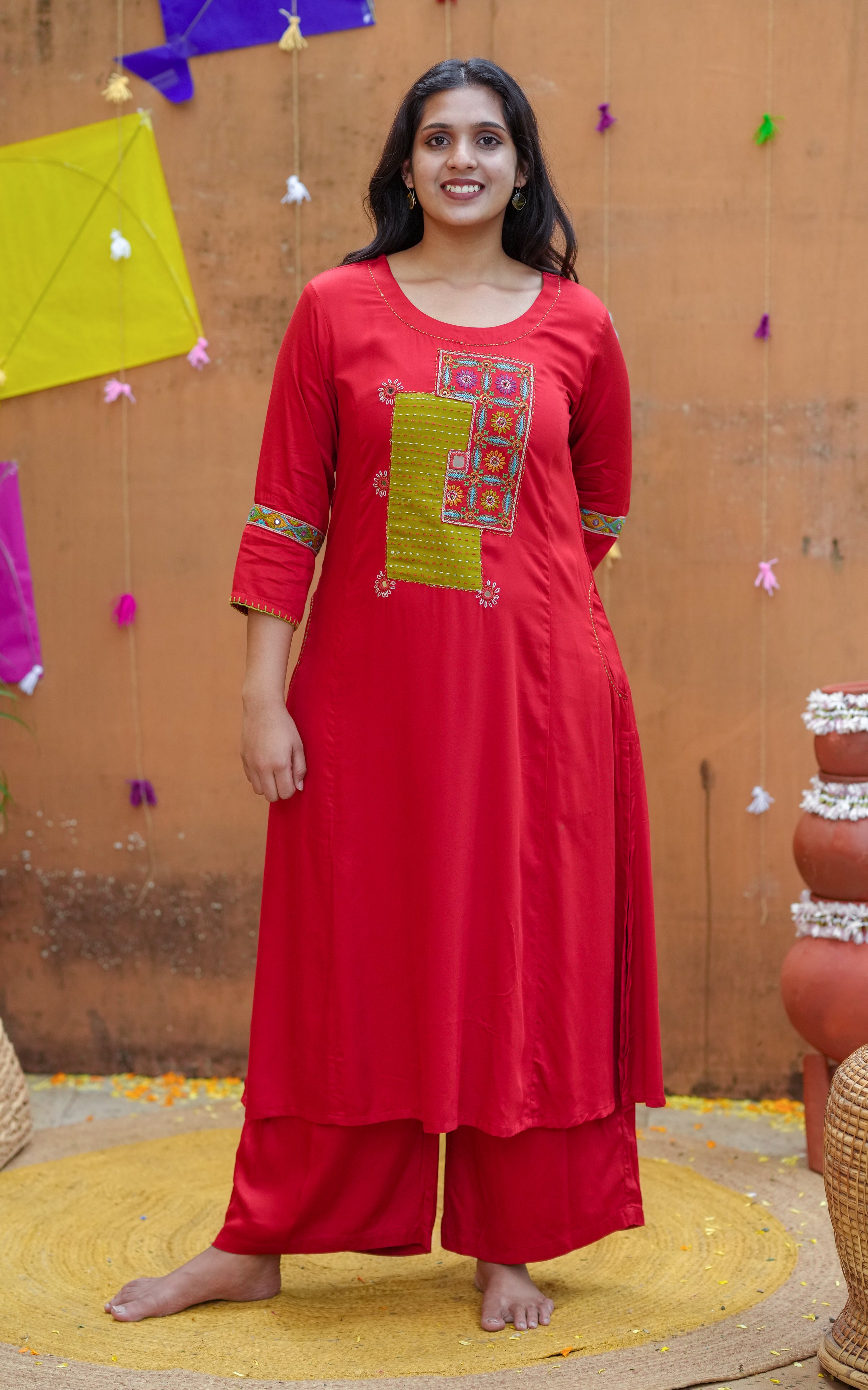 Instore - Bright Red Color Art Silk, Aline Embroidered Kurti with Side Slit & Double Side Pockets & Pant with One Side Pocket