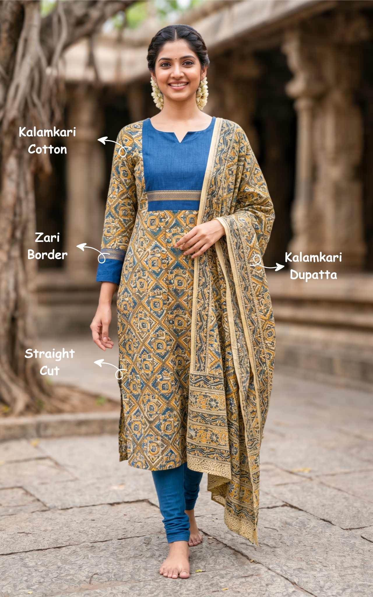  Instore-Avanitha A (Kurti+Dupatta)-Kalamkari Cotton -Mustard color- 3/4th Sleeve Kurti- Daily vogue-Summer outfit - Summer collection - women kurti- 