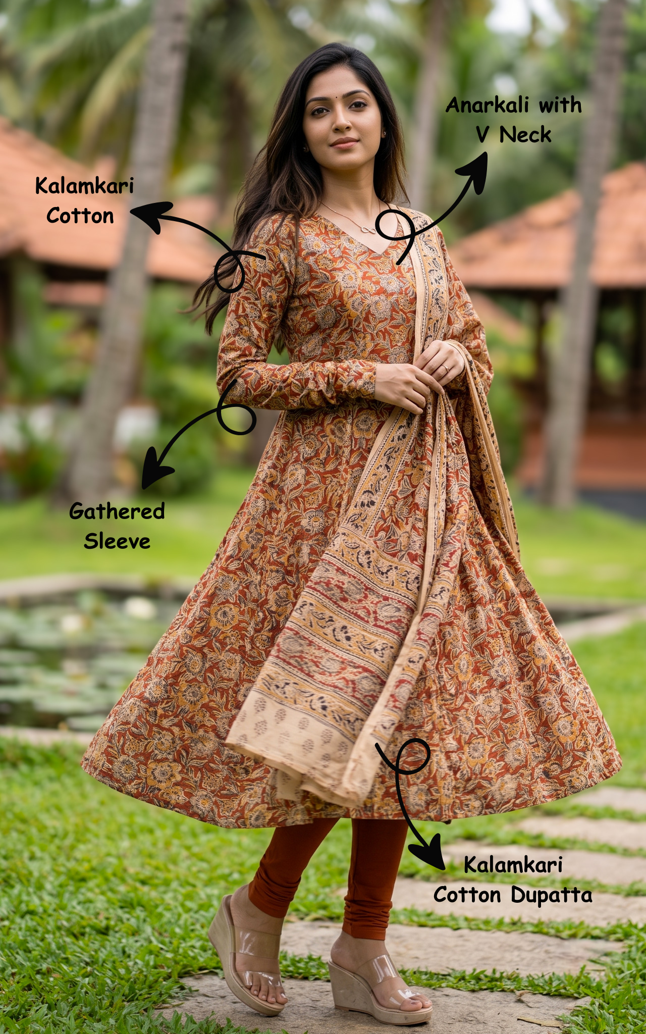 Rust Kalamkari Cotton Traditional Kurti Dupatta for Women