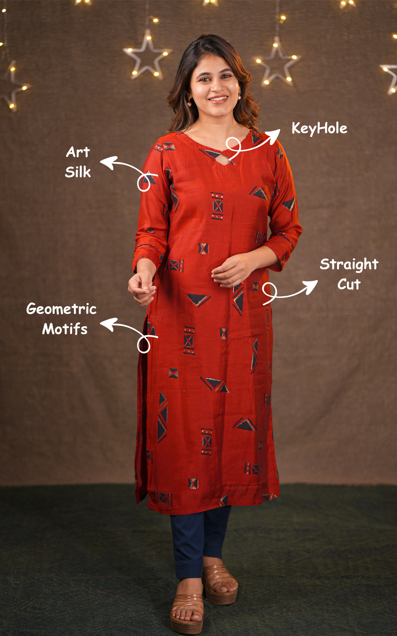Instore - Red Color Art Silk Keyhole Neckline Straight Cut Kurti with Side Slit and Cotton Lining