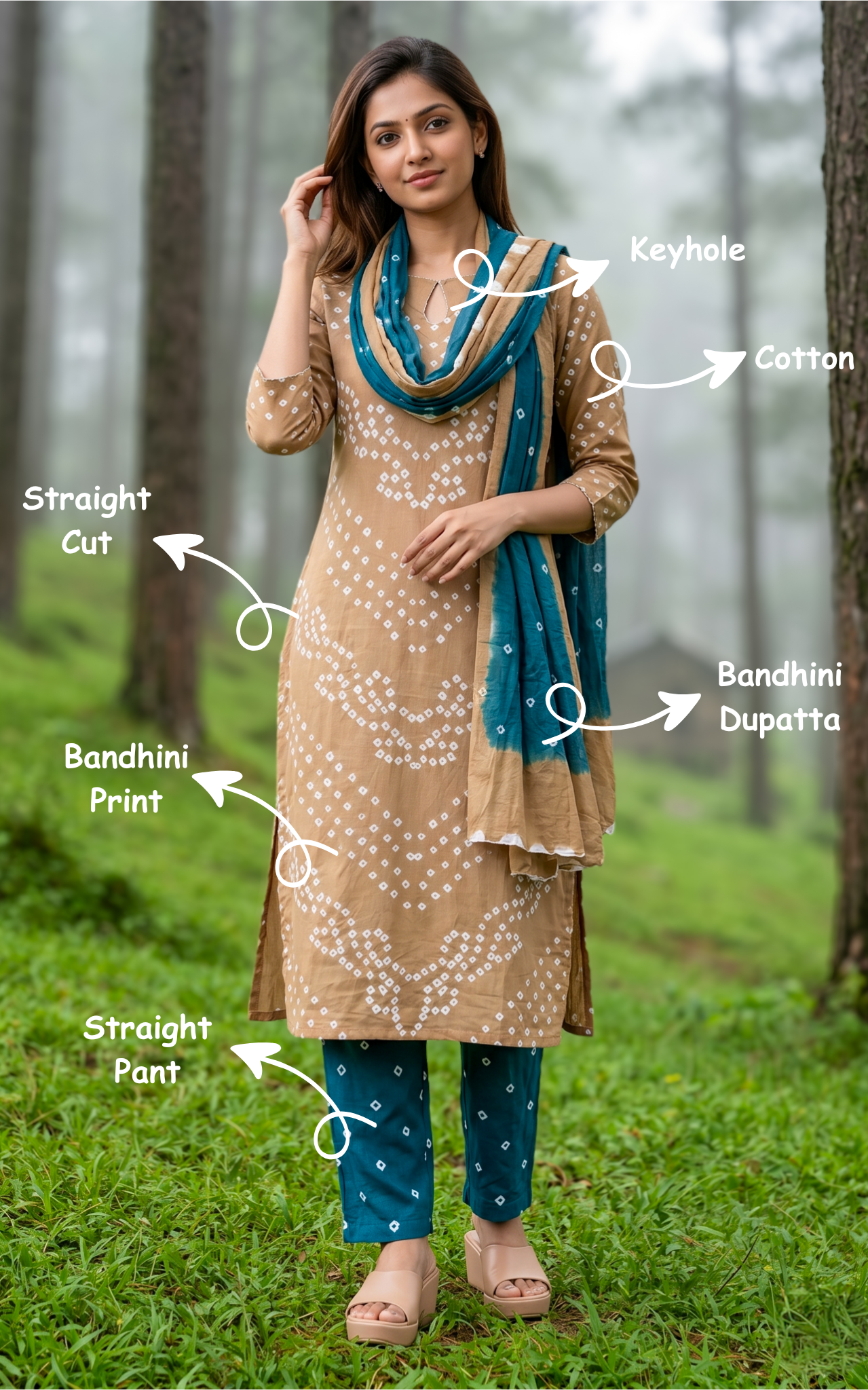 Instore – Khaki Brown Rithushka Kurti Pant Dupatta Set for Women – Cotton – Bandhani Printed – Ethnic Wear
