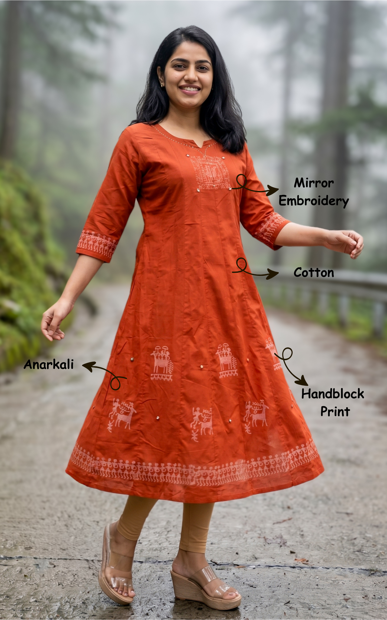 Instore – Rust Handblock Printed Cotton Anarkali Kurti for Women – Ethnic Wear