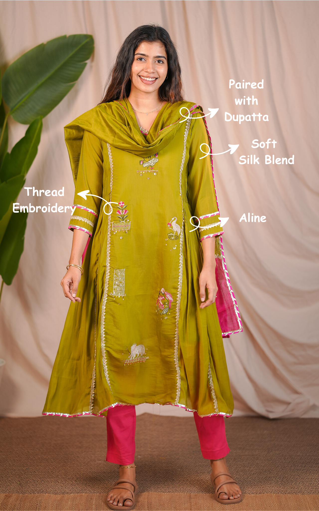 Designer olive green Aline kurti for women