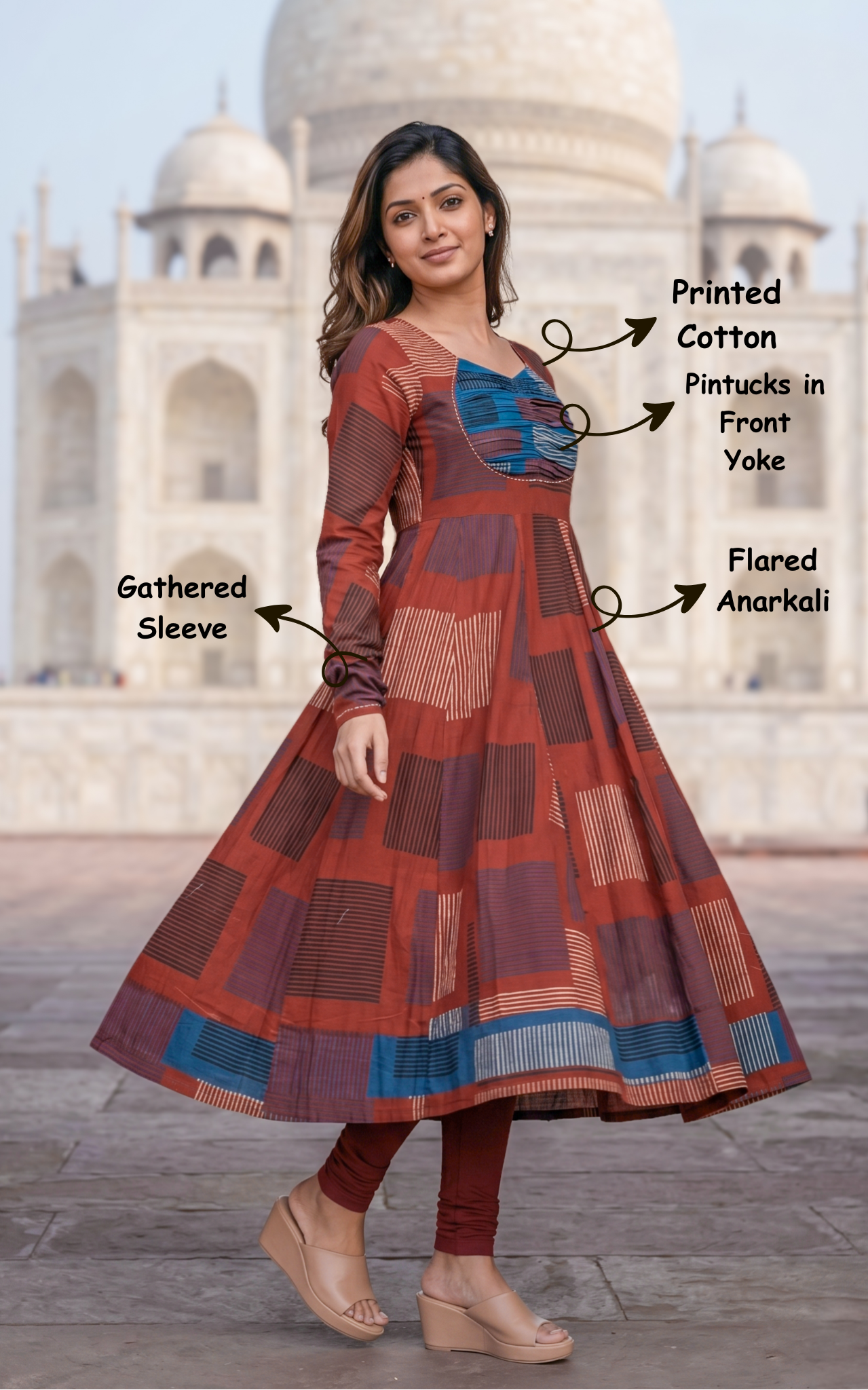 Instore - Maroon Color Printed Cotton Flared Anarkali Kurti with Line Embroidery & Sweetheart Neck with Gathered Sleeve