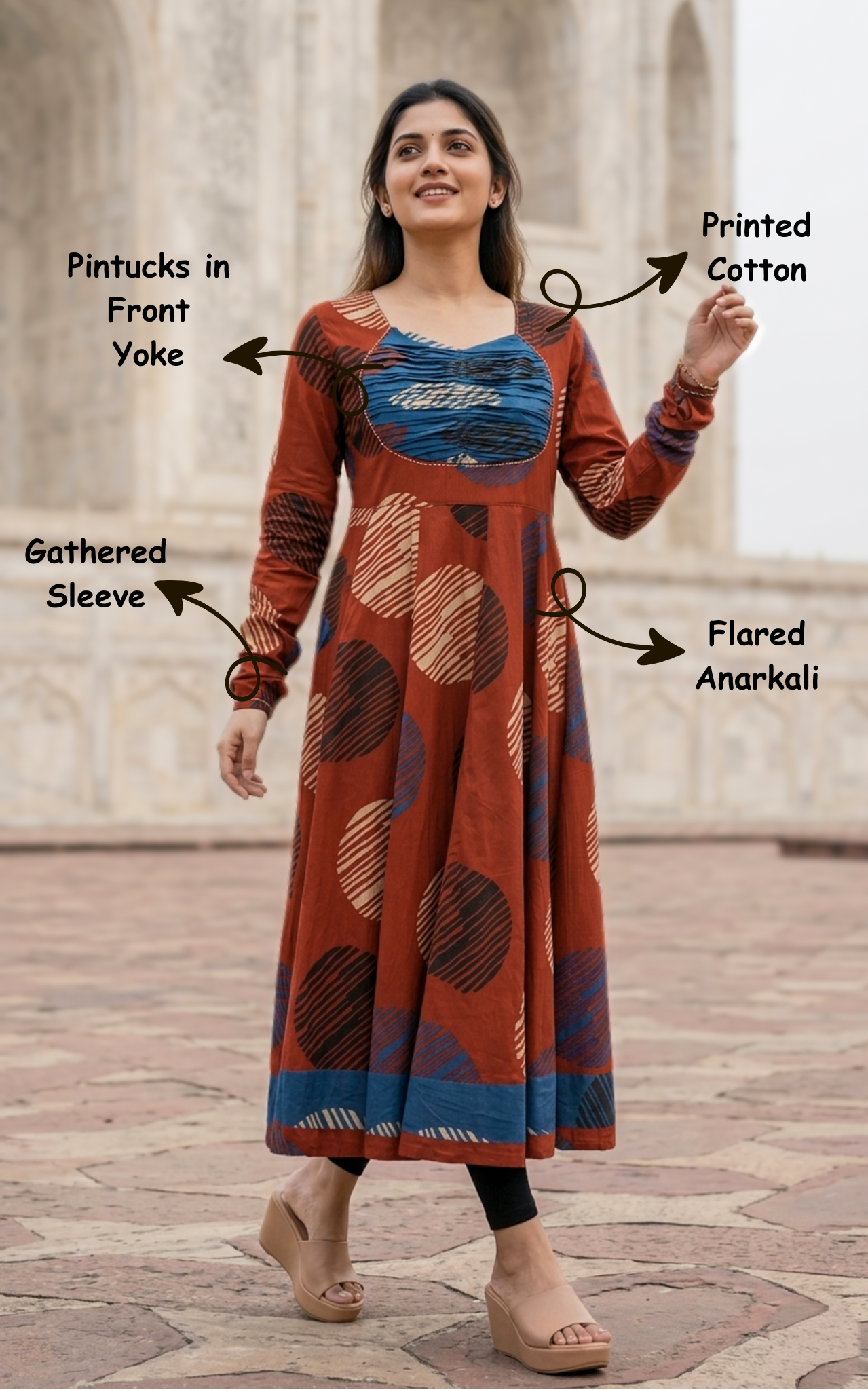 Instore - Maroon Color Printed Cotton Flared Anarkali Kurti with Line Embroidery & Sweetheart Neck with Gathered Sleeve