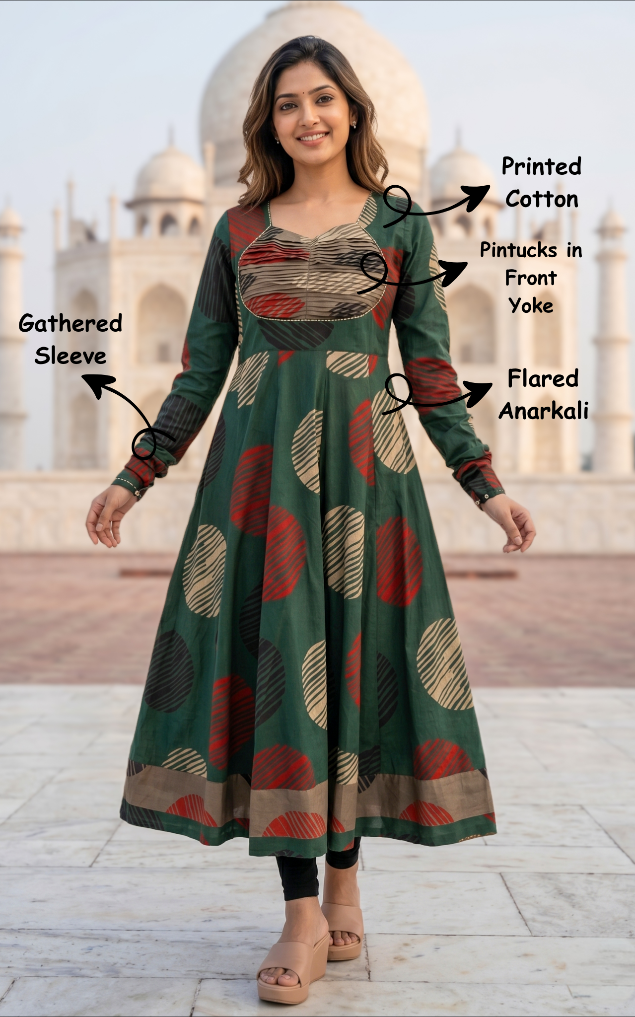 Instore - Green Color Printed Cotton Flared Anarkali Kurti with Line Embroidery & Sweetheart Neck with Gathered Sleeve
