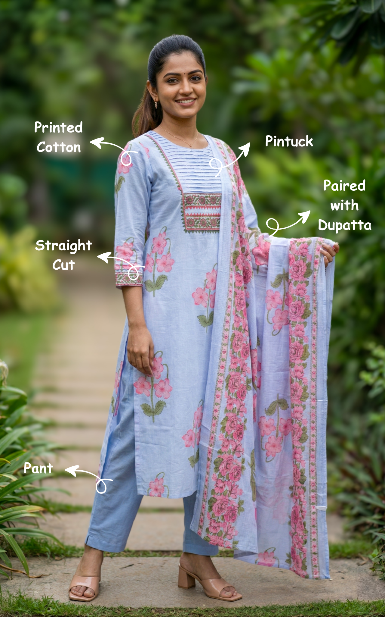 pastel blue ethnic cotton kurti pant set
designer printed cotton kurti set
festive cotton kurti with pintuck detailing
traditional cotton kurti with matching dupatta
