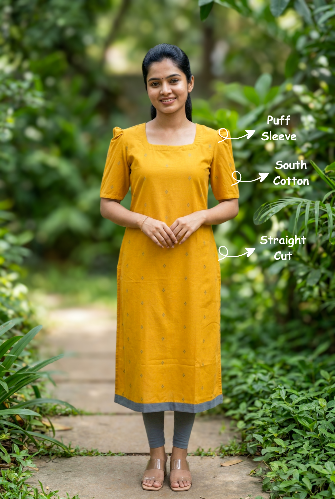 Women Mustard South Cotton Straight Cut Kurti with Puff Sleeve & Side Slit | Daily, Office & Ethnic Wear