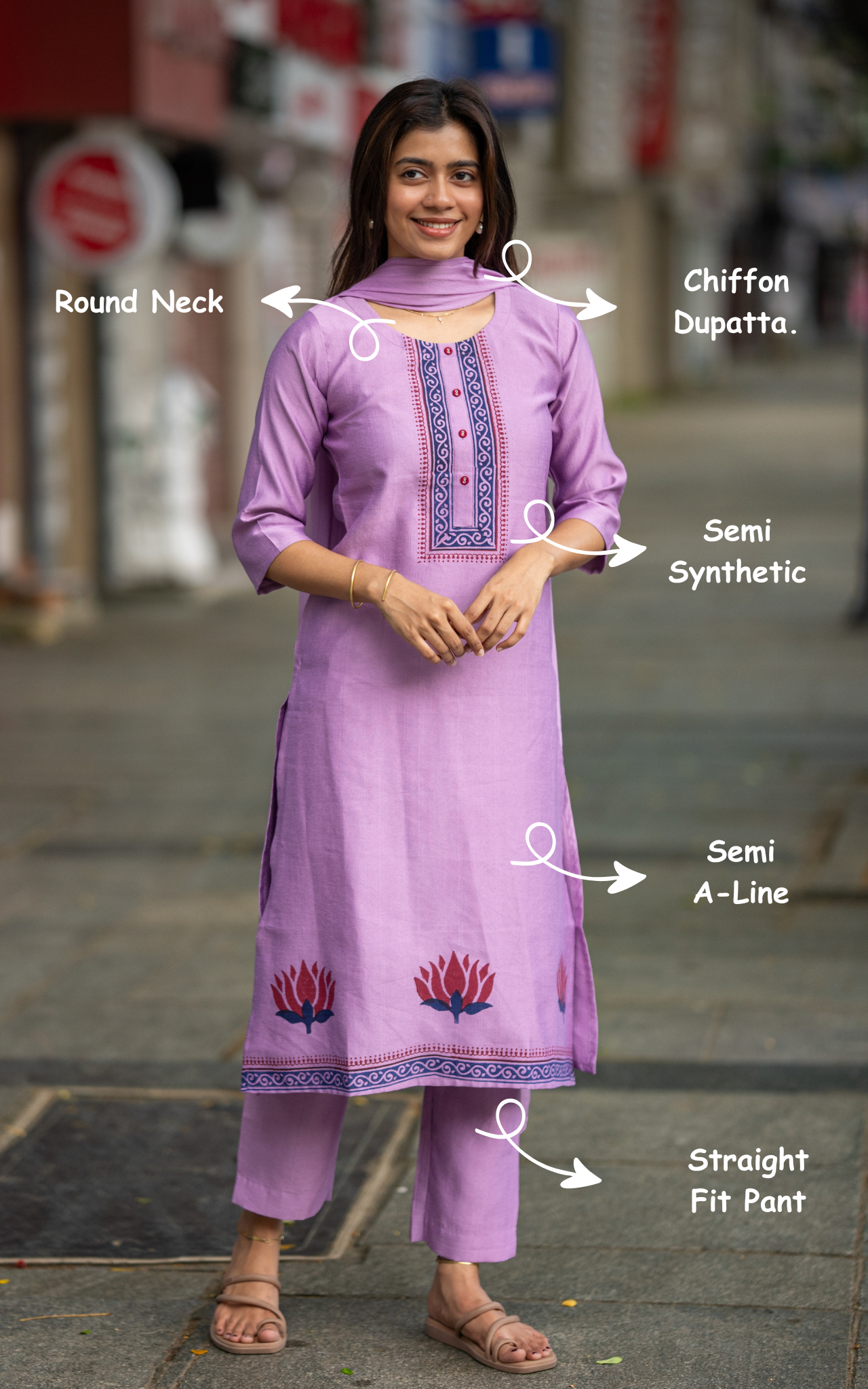 Instore – Lavender Shareen Kurti Pant Dupatta Set for Women – Semi Synthetic – Casual Wear – Ethnic Wear