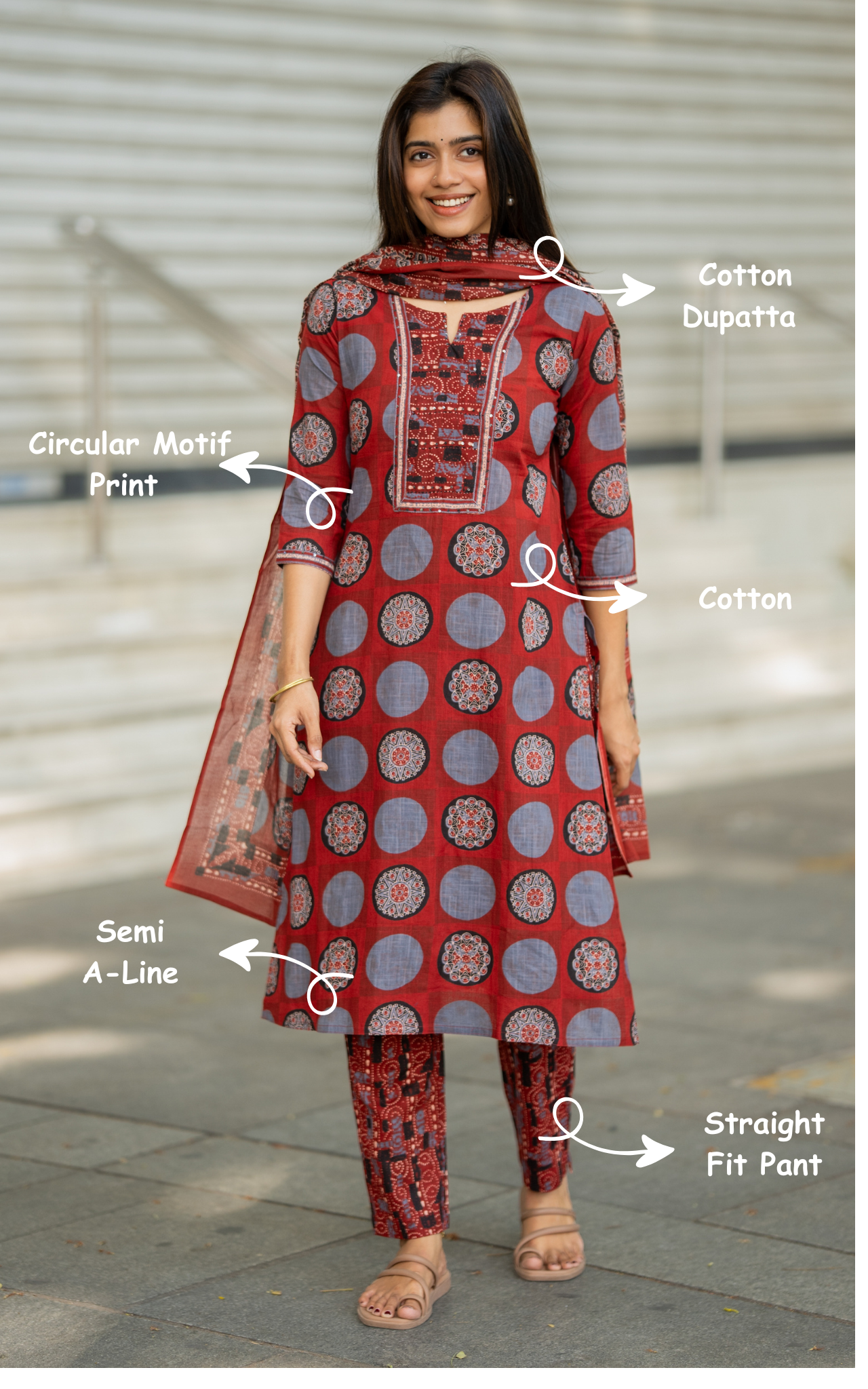 Instore – Maroon Desika A Kurti Pant Dupatta Set for Women – Cotton – Printed – Ethnic Wear