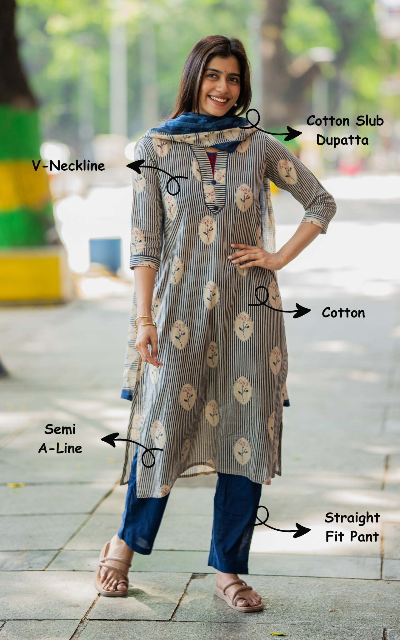 Instore – Blue Velichapoove C Kurti Pant Dupatta Set for Women – Cotton – Printed – Ethnic Wear