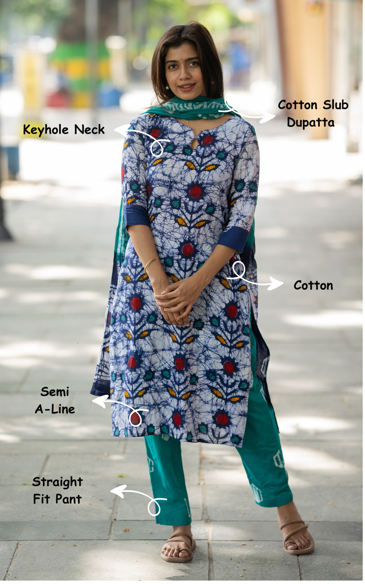 Instore – Navy Blue Pranika B Kurti Pant Dupatta Set for Women – Cotton – Printed – Ethnic Wear