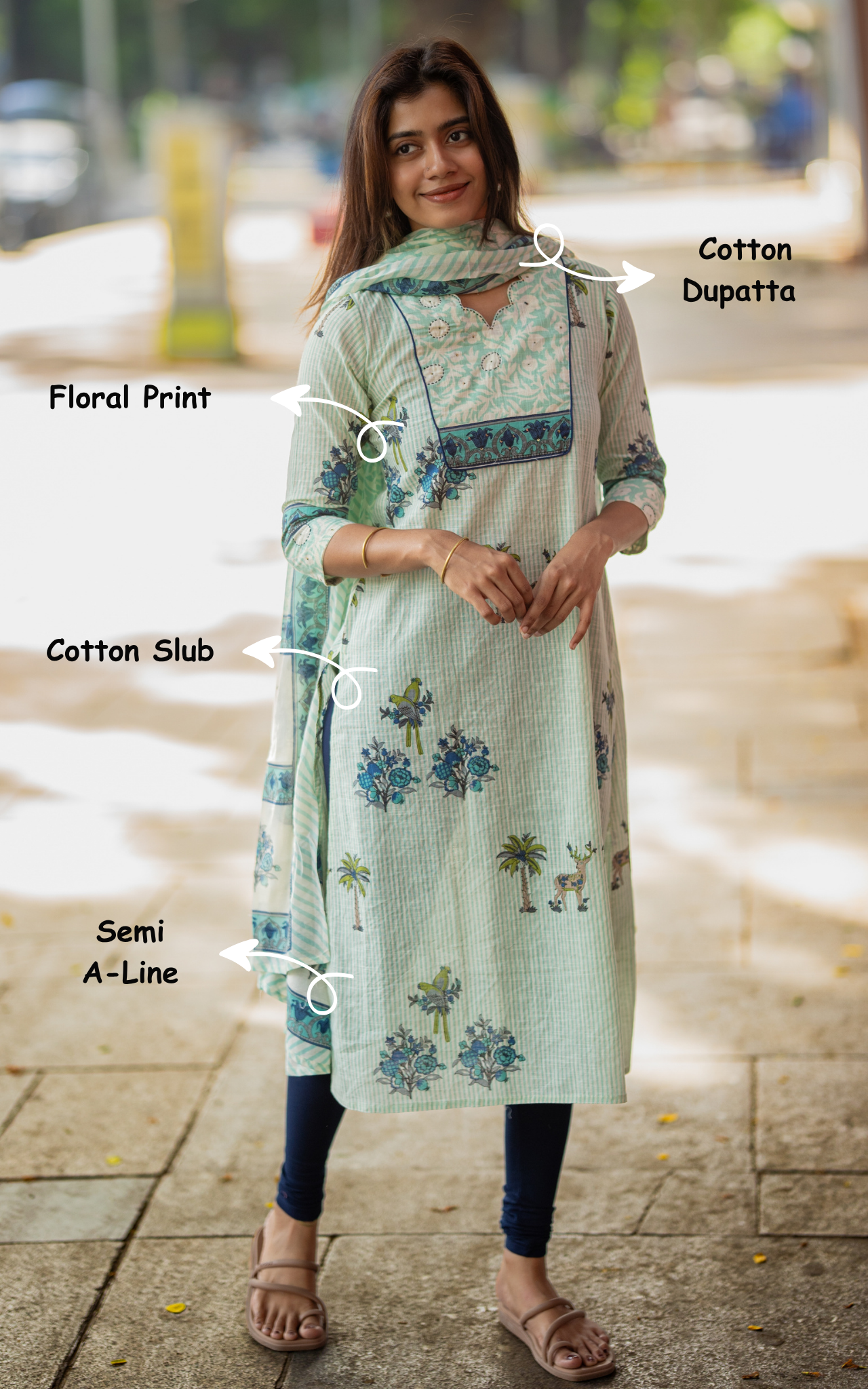 Pastel Mint Green Cotton Slub Elegant Kurti Dupatta for Women