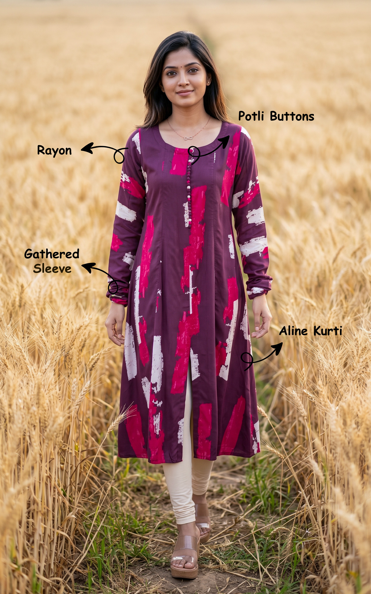 Purple Rayon Gathered Sleeve Kurti for Women