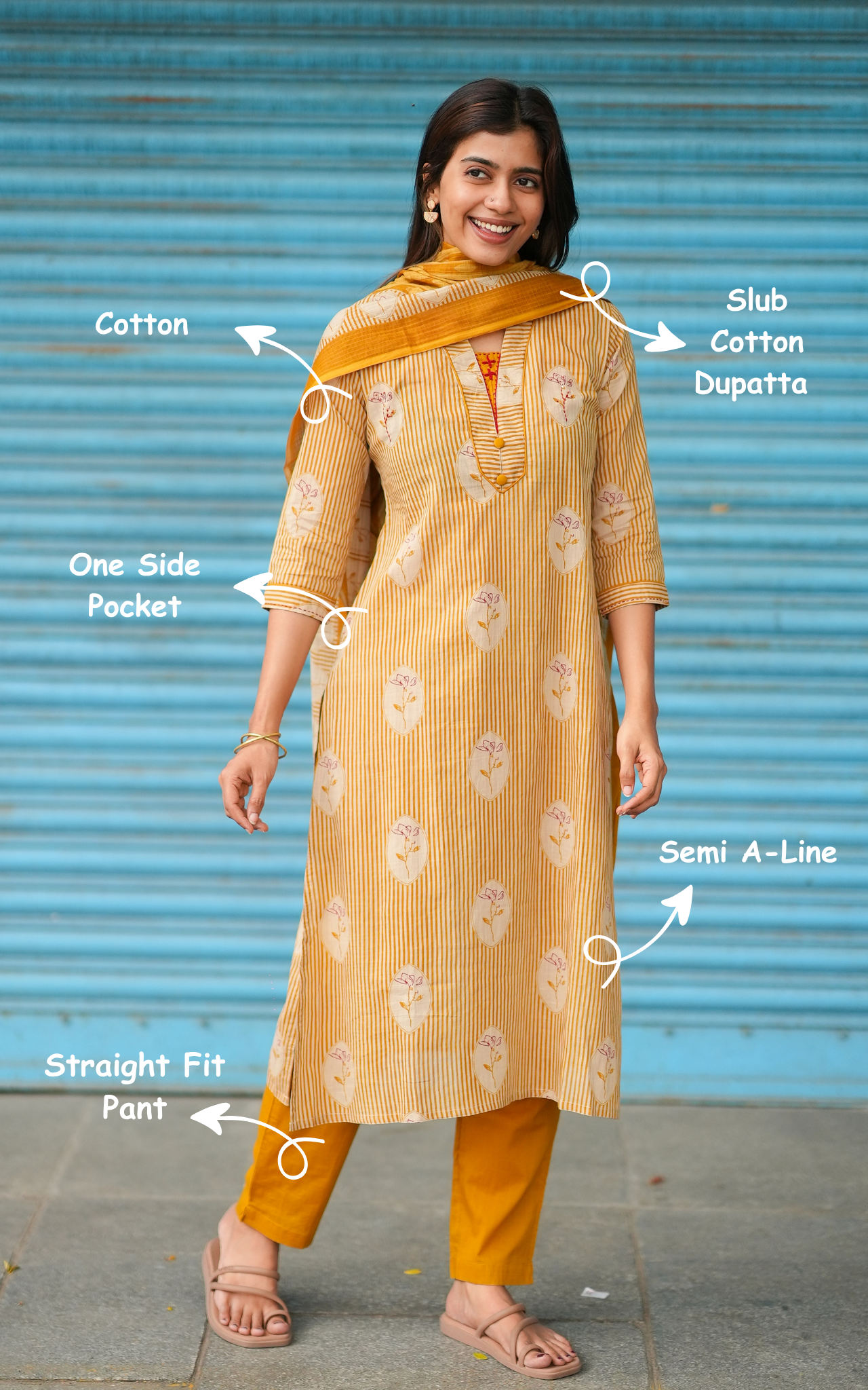Instore – Mustard Velichapoove A Kurti Pant Dupatta Set for Women – Cotton – Flared Hem – Ethnic Wear