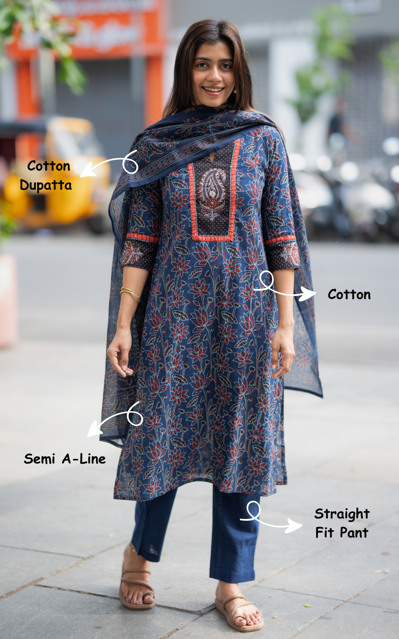 Instore – Navy Blue Swathi Kurti Pant Dupatta Set for Women – Cotton – Casual Wear – Ethnic Wear
