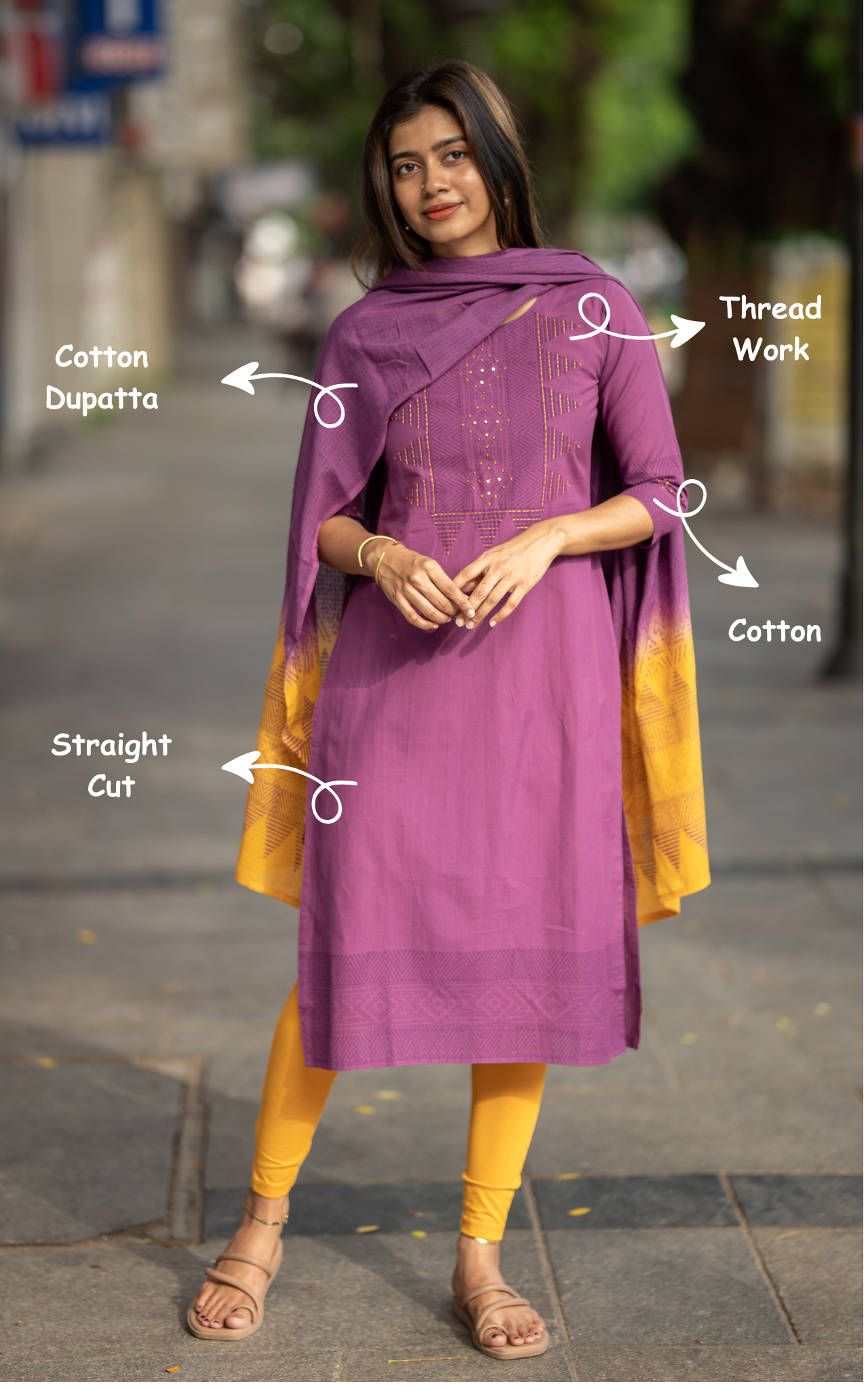 Purple Cotton Straight Fit Kurti Set with Dupatta