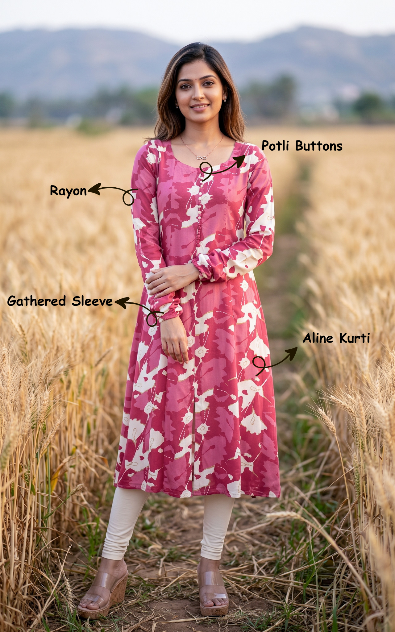Pink Rayon Gathered Sleeve Kurti for Women