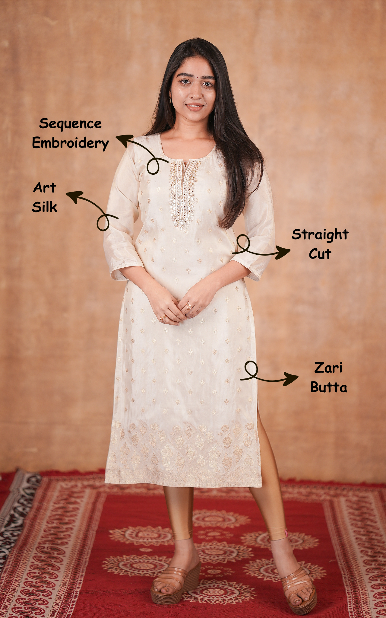 Instore - Off White Color Art Silk Straight Cut Kurti with Embroidered and Zari Butta Detailing & Butter Crepe Lining