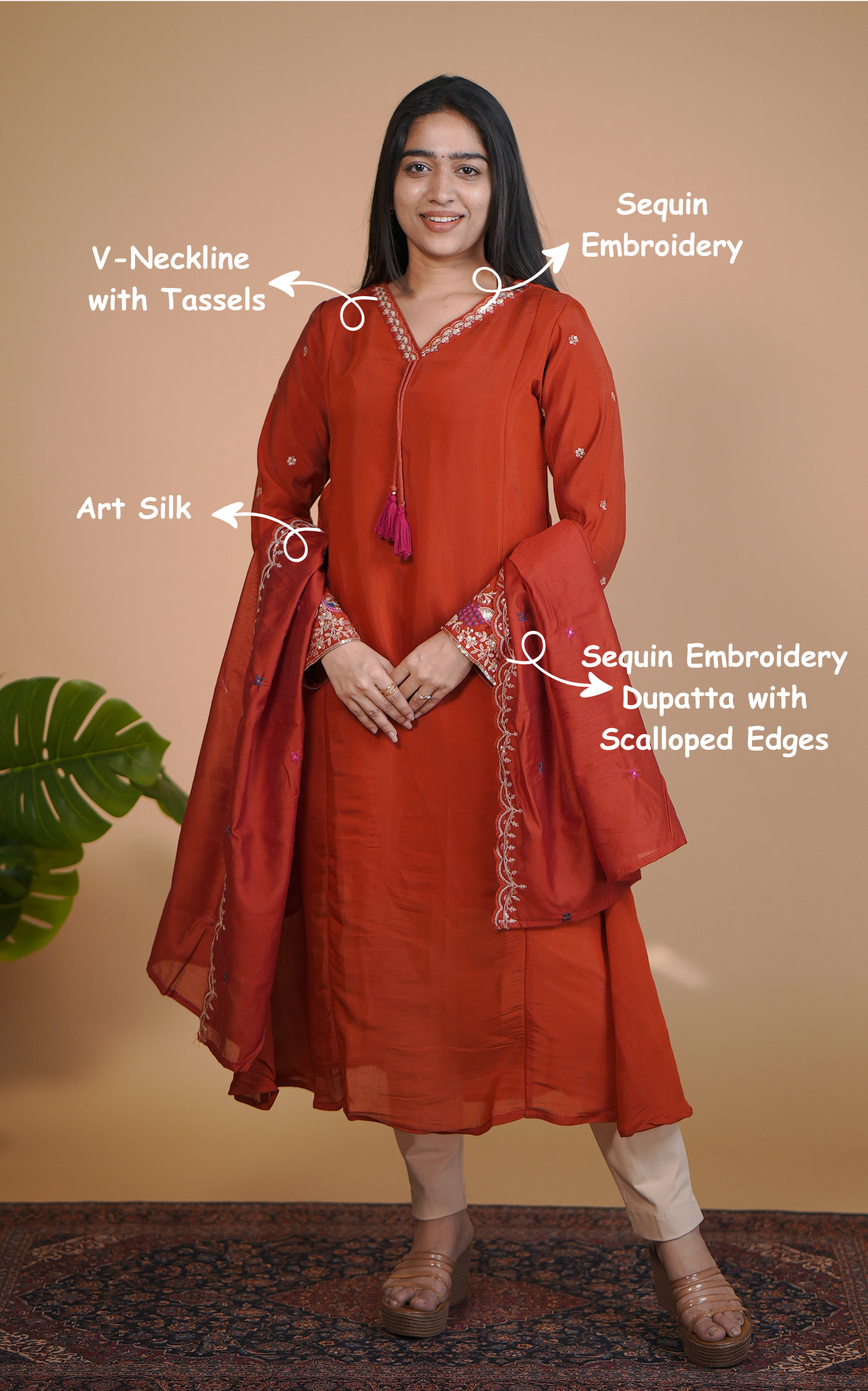 Instore – Rust Tejasvi Kurti with Dupatta for Women – Art Silk – Festive Ethnic Wear