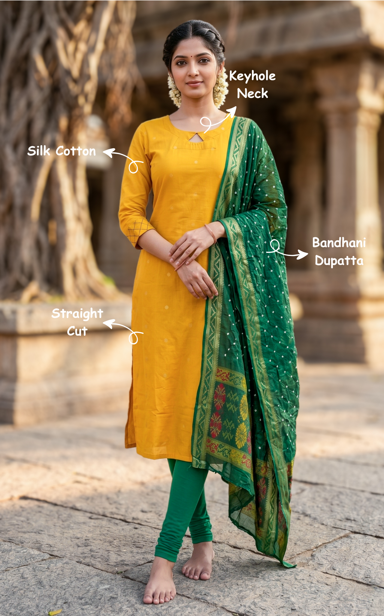 Instore – Mustard & Green Subiksha Straight Cut Kurti with Dupatta for Women – Cotton – Keyhole Neck – Festive Ethnic Wear