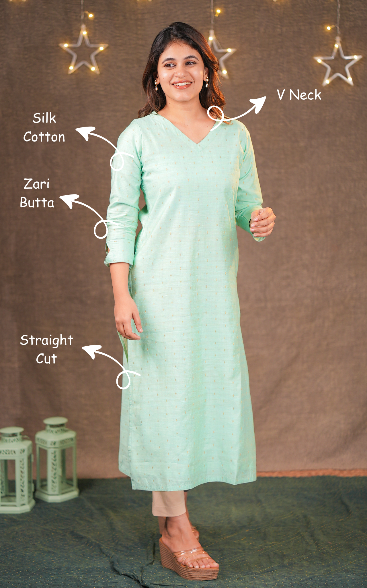 Instore - Pastel Green Color Silk Cotton V-Neck Straight Cut Kurti with Side Slits, & Golden Zari Butta & Butter Crepe Lining