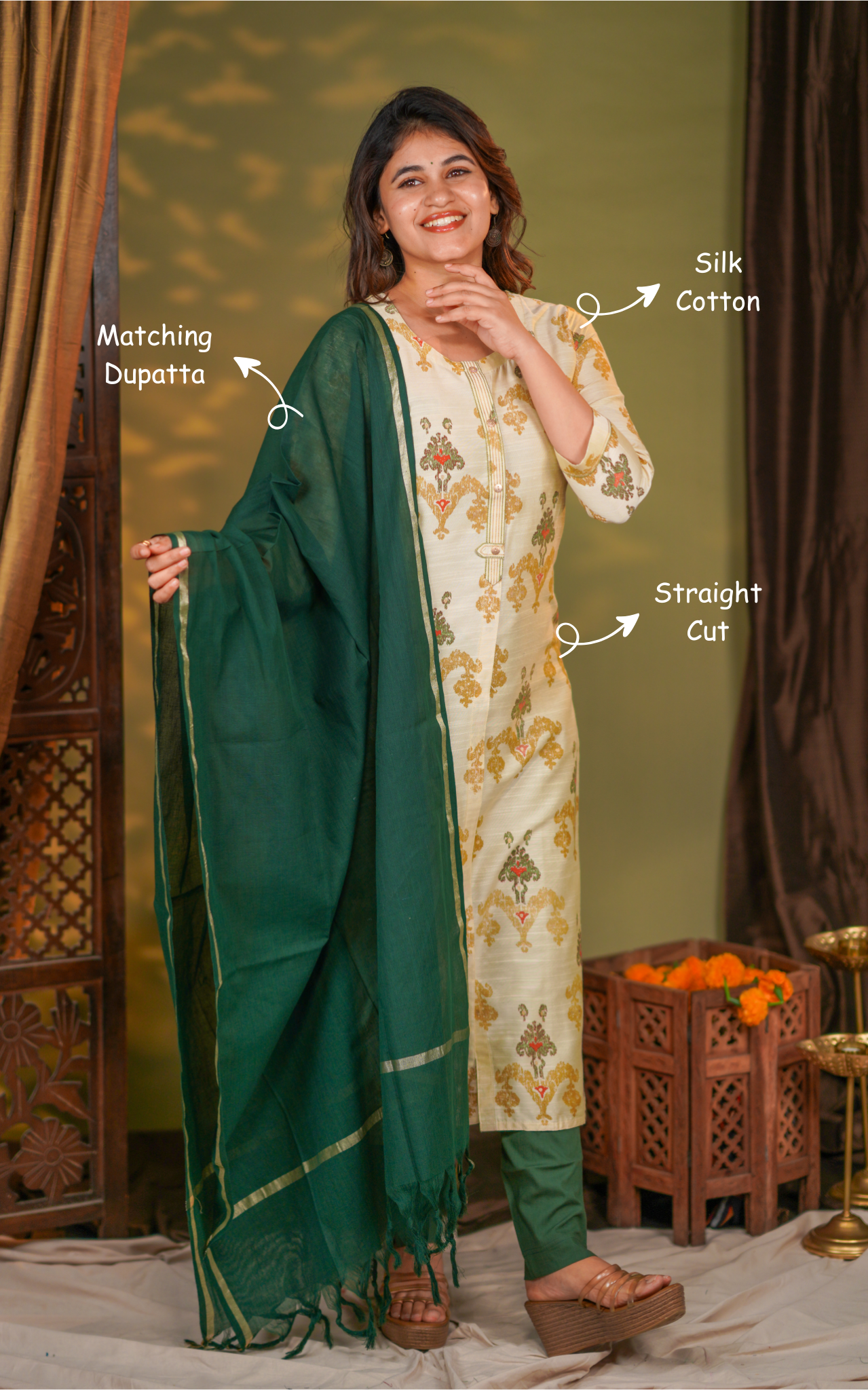 Instore – Beige & Green Yaazhini Kurti with Dupatta for Women – Silk Cotton – Festive Ethnic Wear