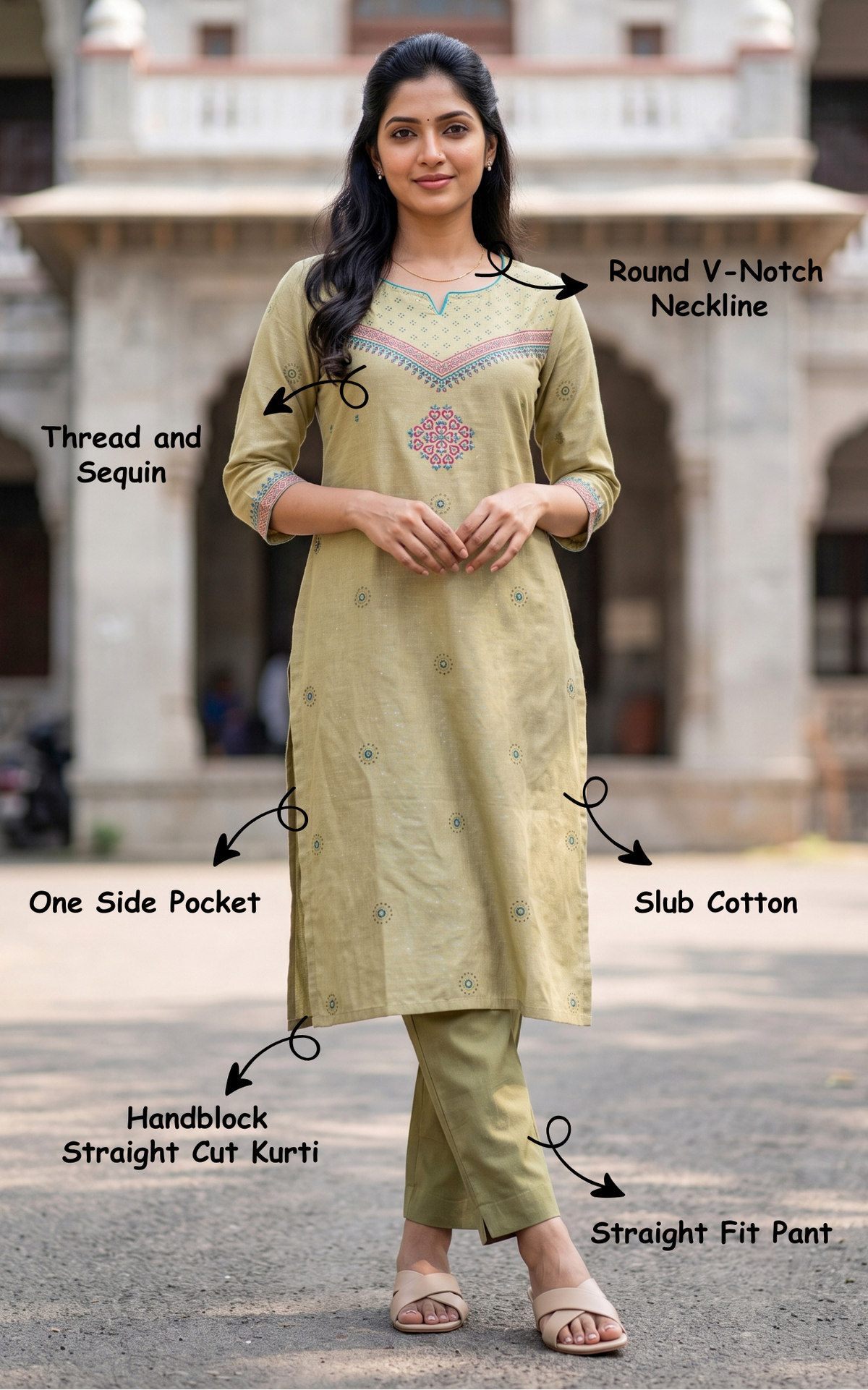 Sage Slub Cotton Kurti Set with Straight Fit Pant for Women