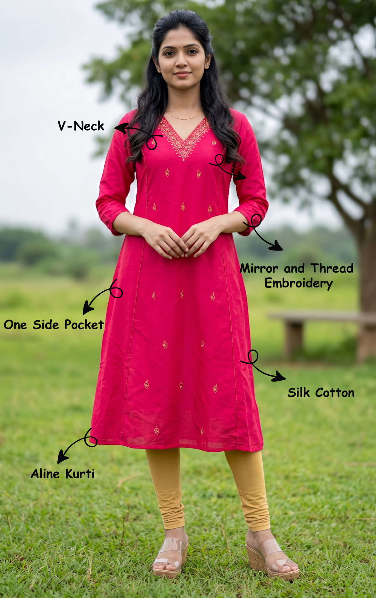 Dark Pink Silk Cotton Designer Aline Kurti with Zari Work for Women