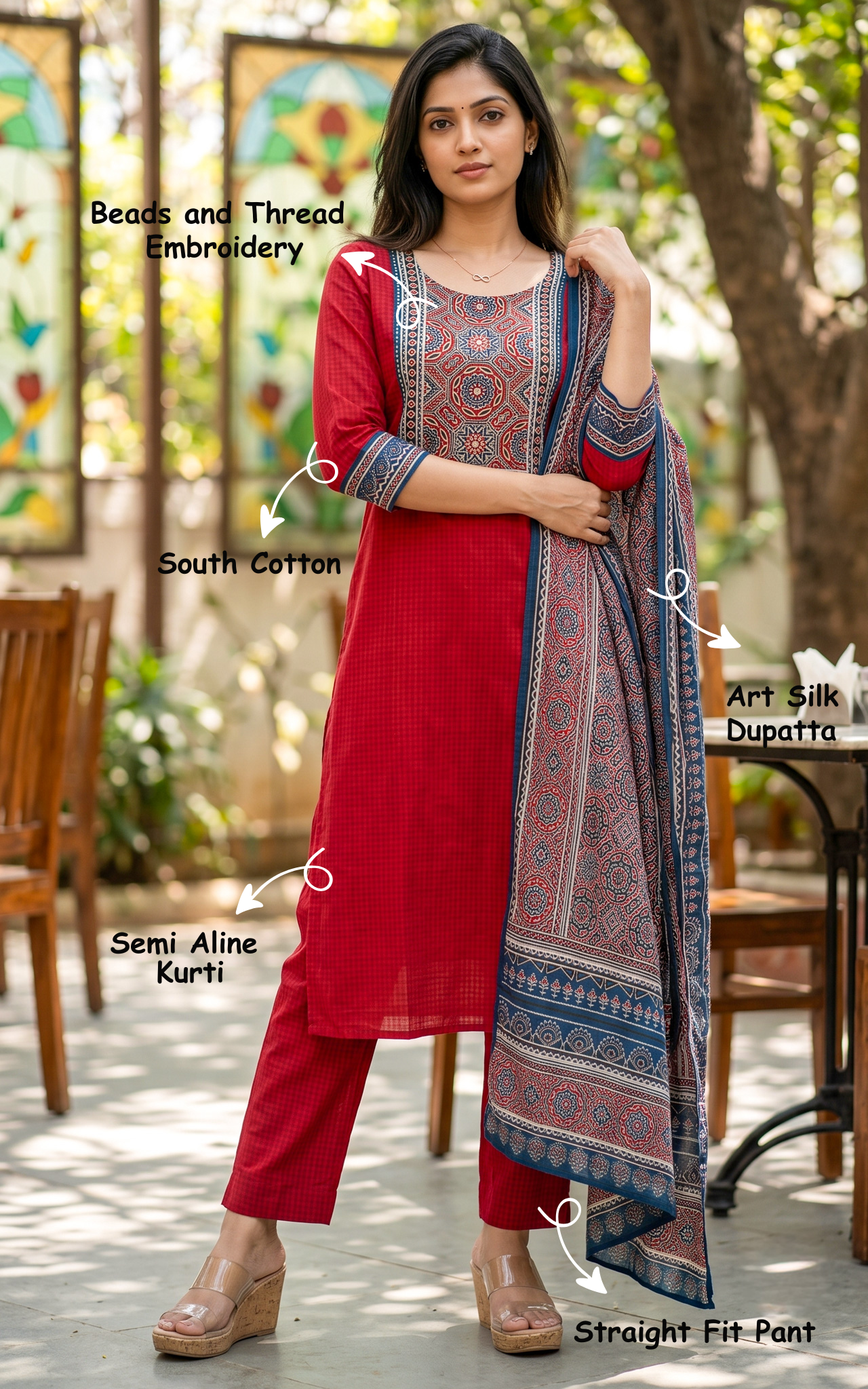 Instore – Red Rangola Kurti Pant Dupatta Set for Women – Cotton – Printed – Ethnic Wear
95