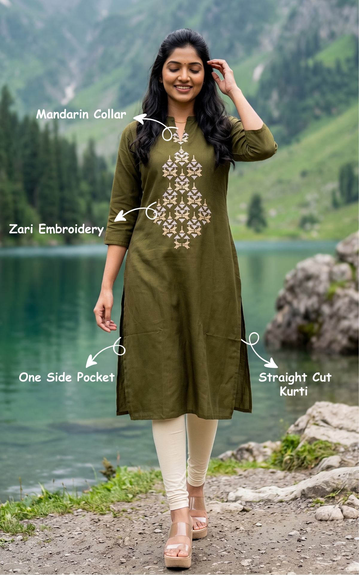 Olive Green Silk Cotton Ethnic Wear Straight Cut Kurti for Women