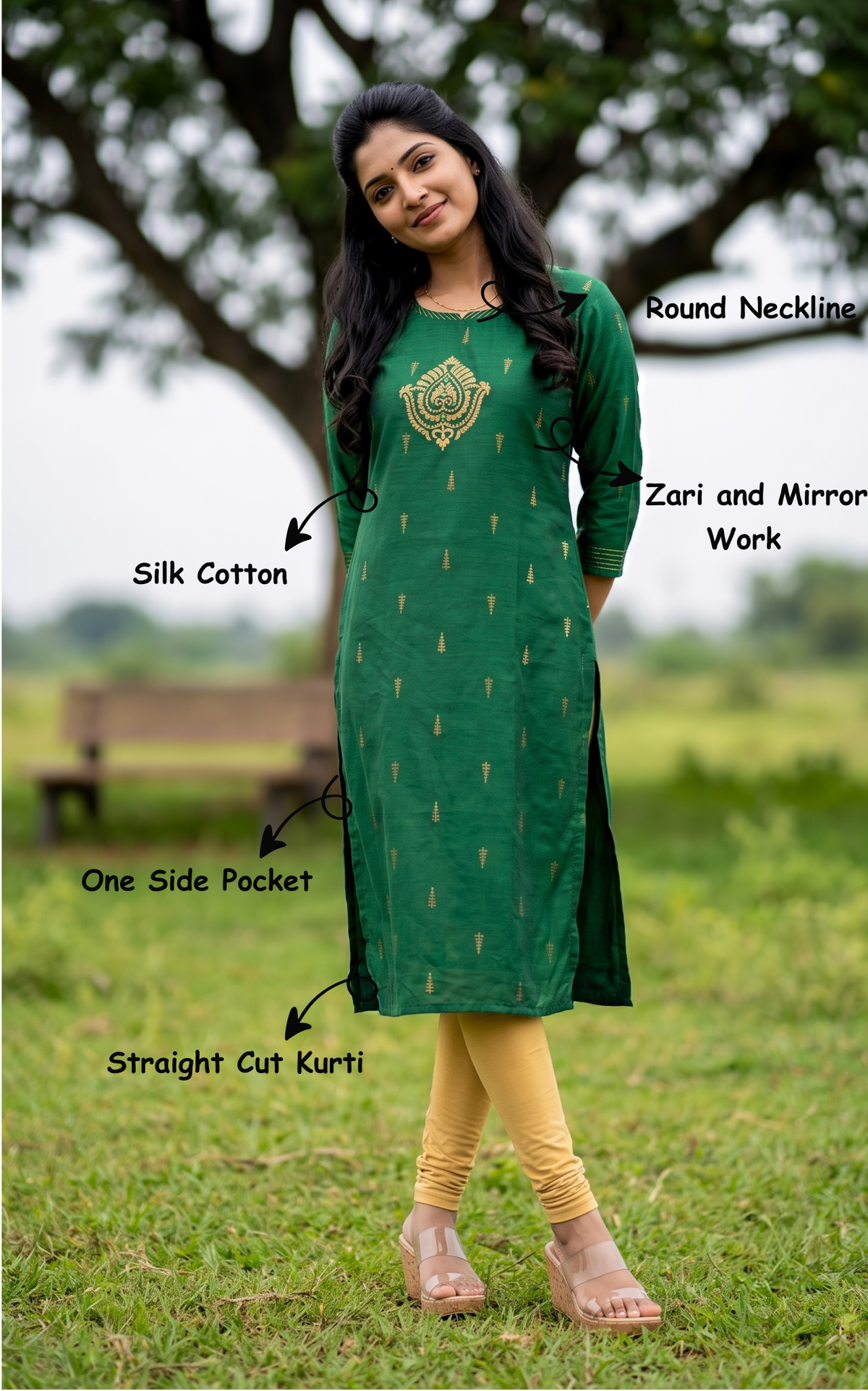Green Silk Cotton Designer Straight Cut Kurti with Zari Work for Women
