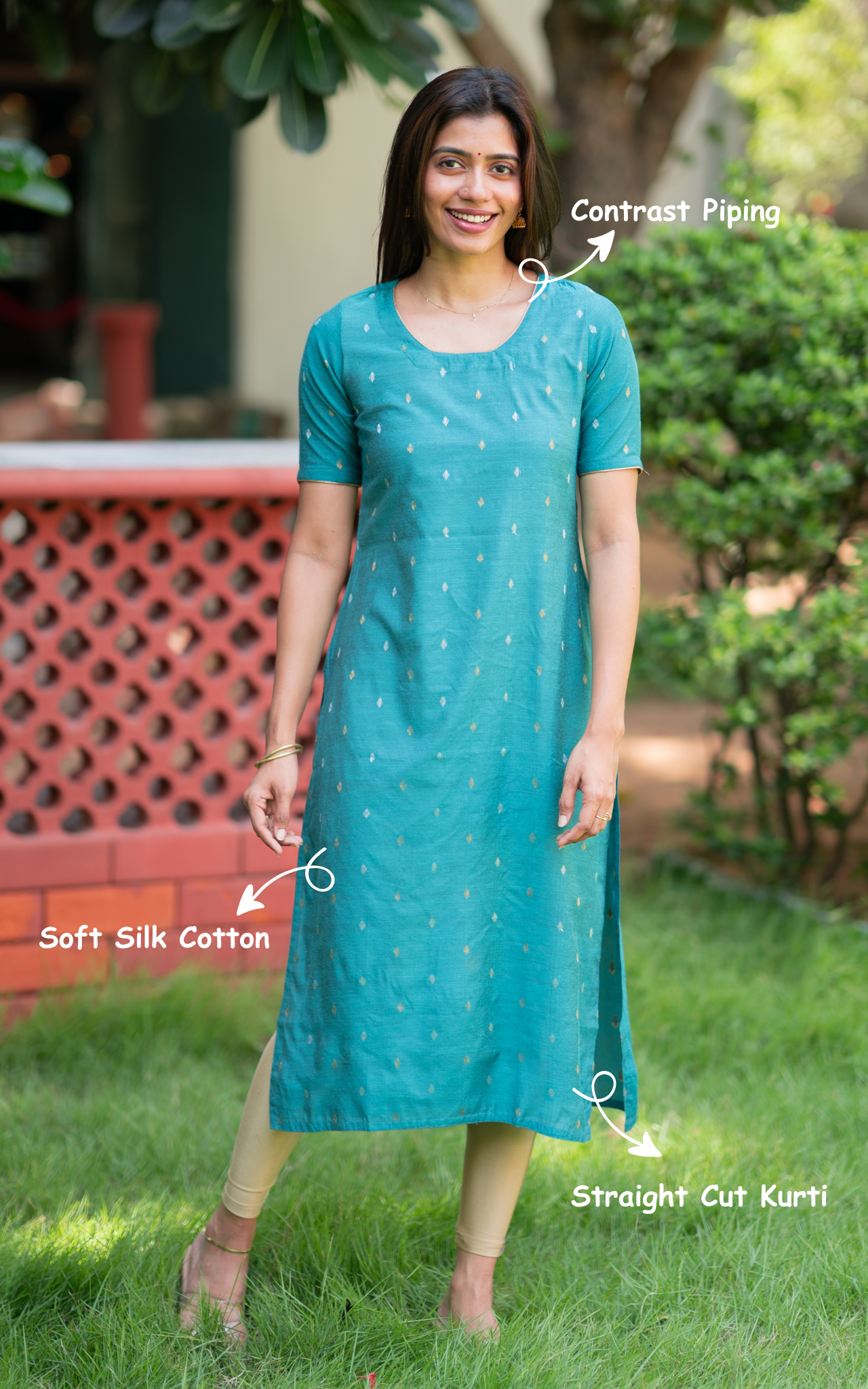 Teal Blue Soft Silk Cotton Premium Straight Cut Kurti for Women