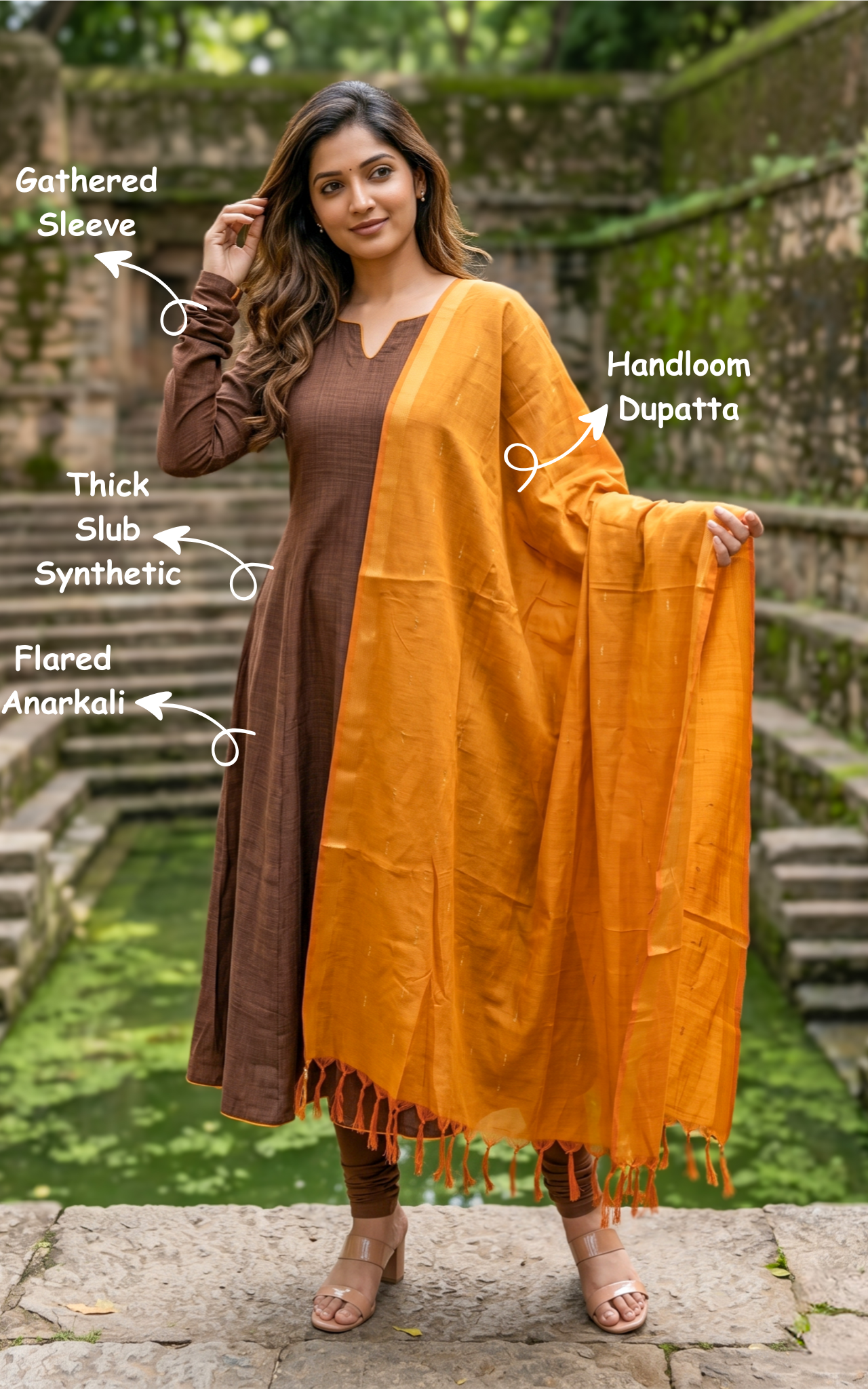 Instore - Brown Color Thick Slub Synthetic Anarkali with Gathered Sleeves, Paired with Handloom Dupatta
