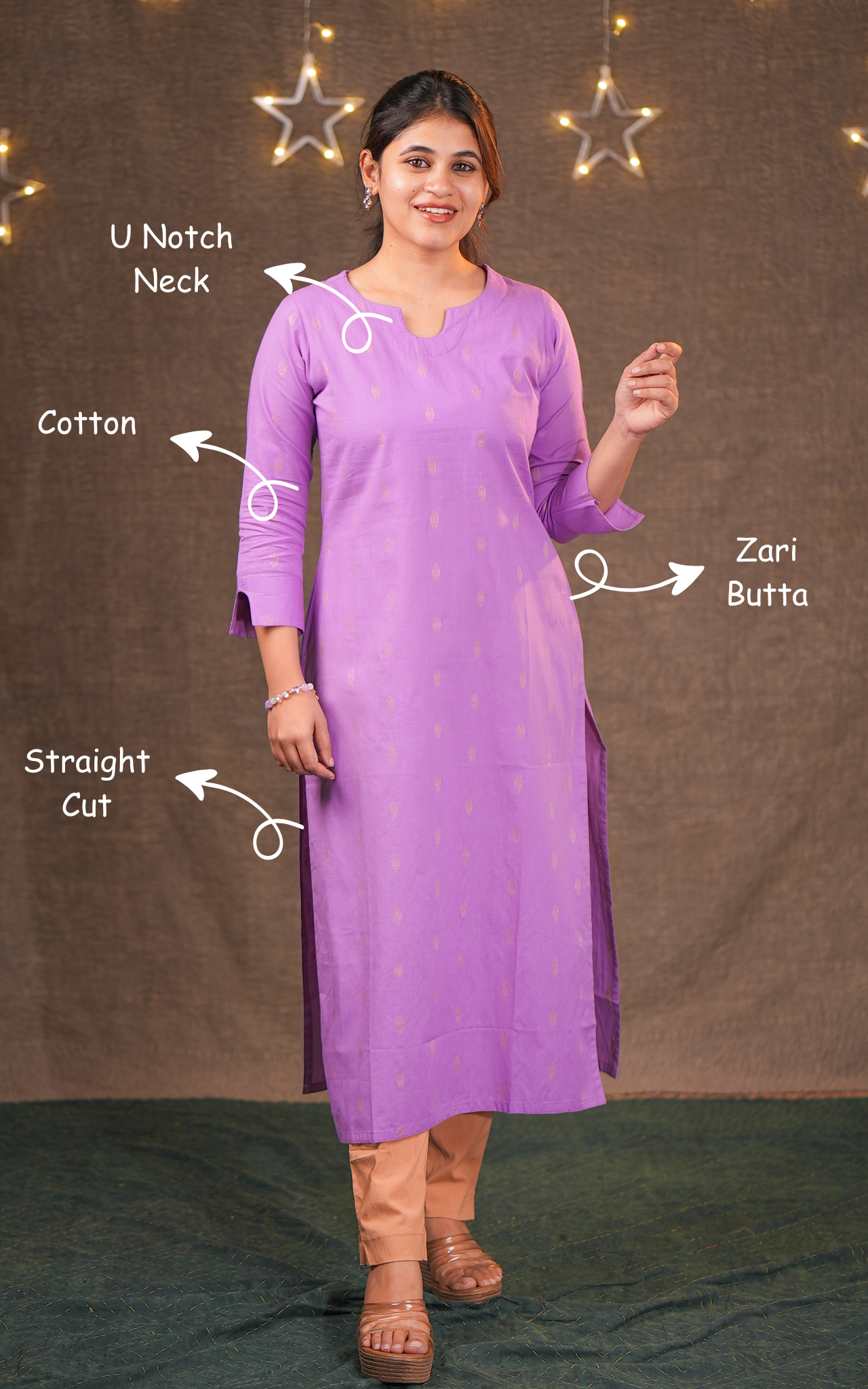 Instore - Lavender Cotton Cotton Straight Cut Kurti with Side Slits and Golden Zari Butta and No Lining