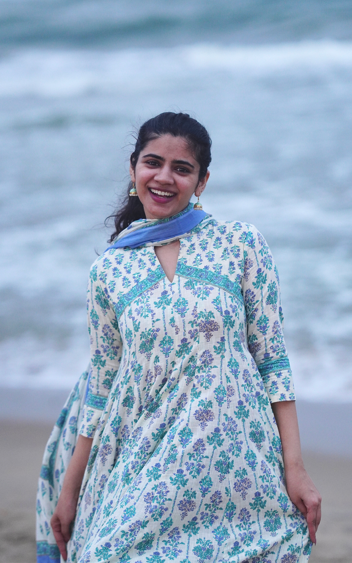 Off White and Sky Blue Cotton Casual Wear Flared Anarkali Kurti with Dupatta for Women