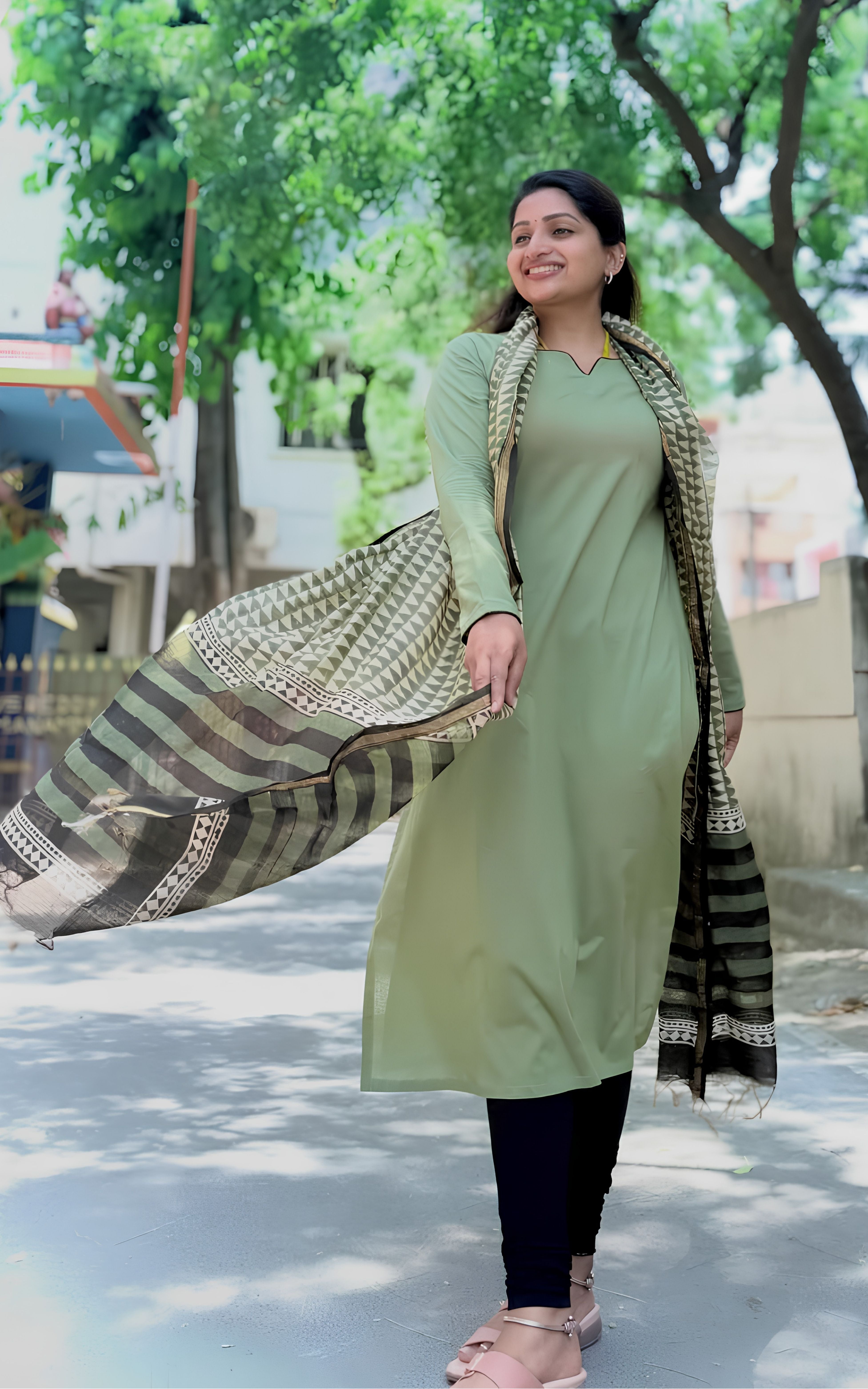 Light Olive Green Cotton Designer Straight Cut Kurti with Dupatta for Women