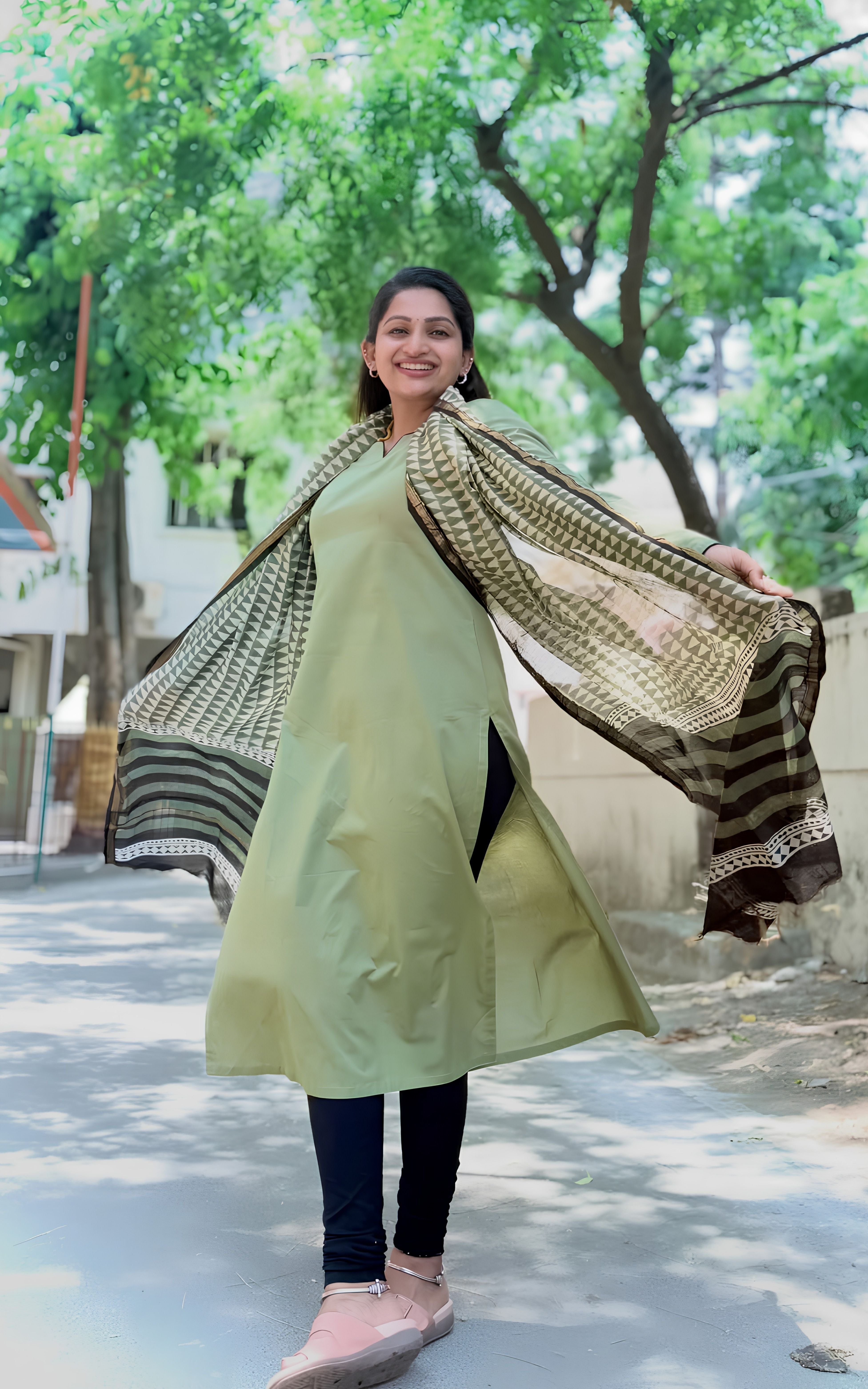 Light Olive Green Cotton Daily Wear Kurti with Dupatta for Women