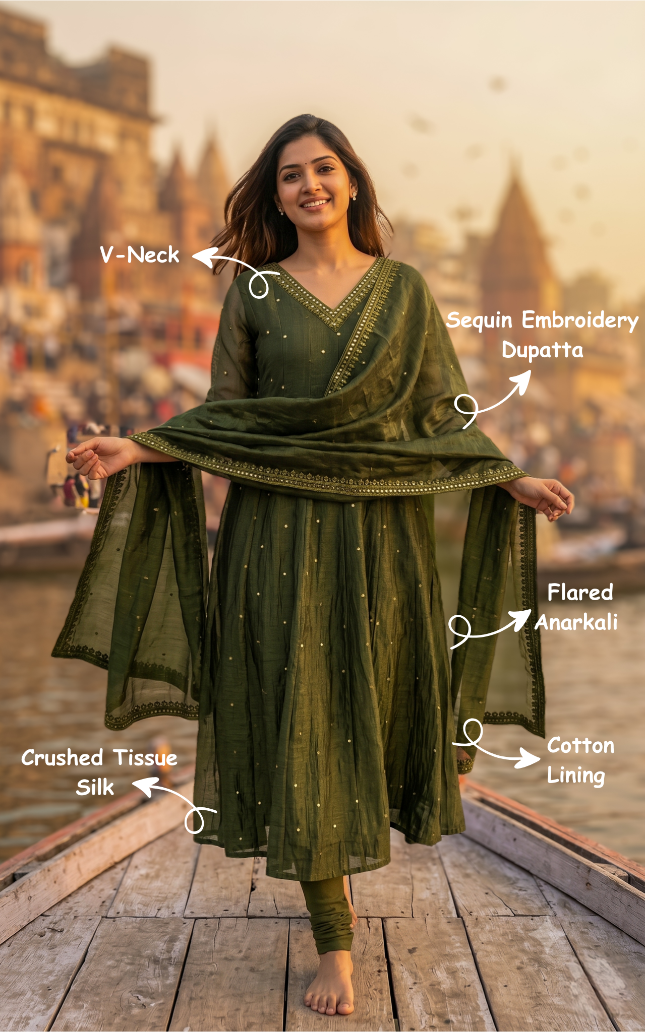 Instore – Dark Mehandi Green Mellinam Anarkali Kurti with Dupatta for Women – Crushed Tissue Silk – Sequin Embroidery – Festive Ethnic Wear