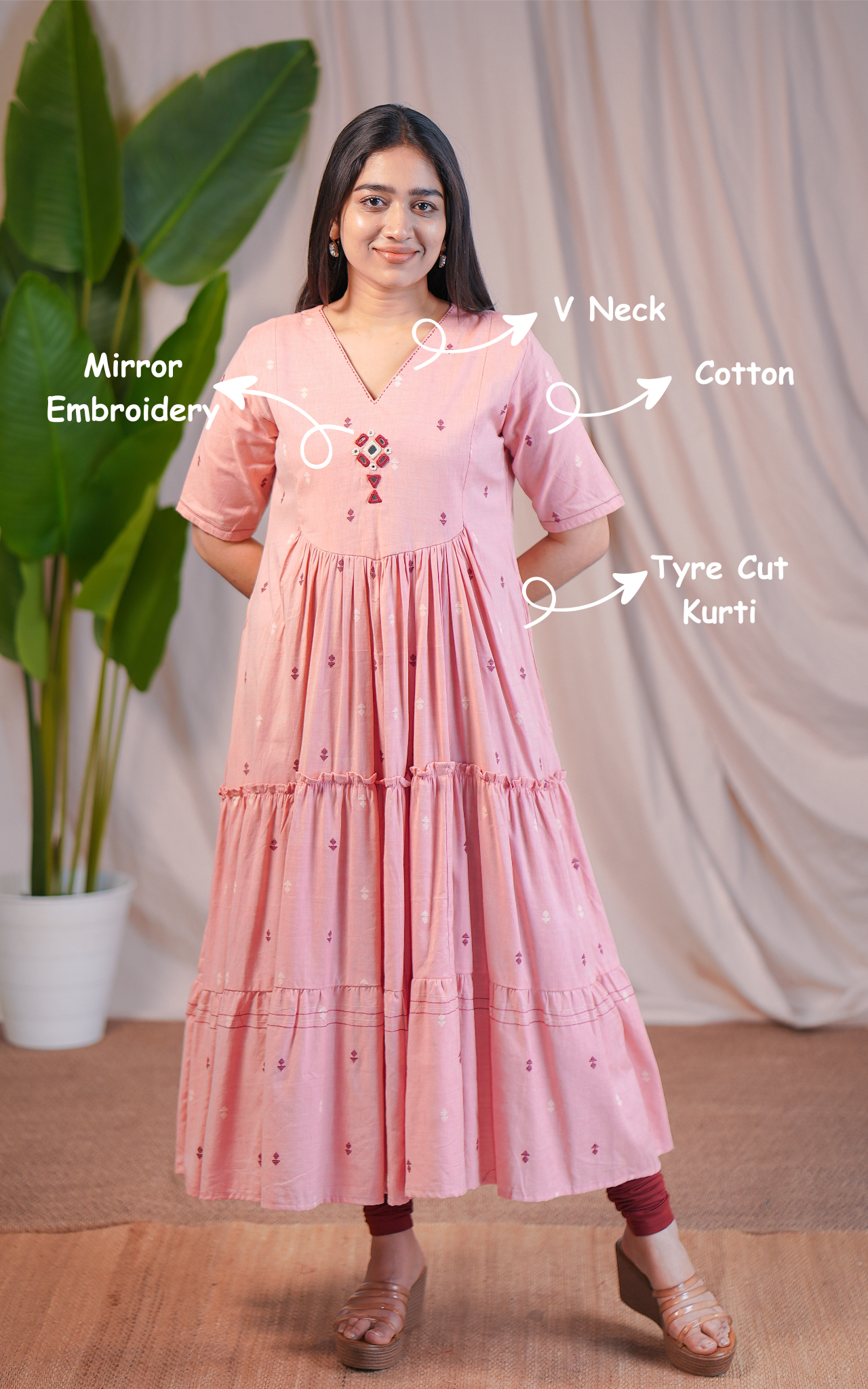 Peach Cotton Kurti with V-Neckline & Mirror Detailing